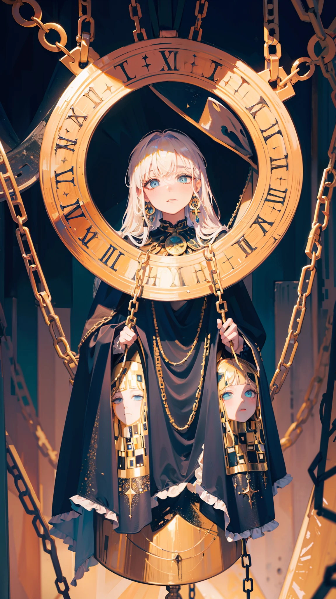 High quality. High details. 8K. Hanged woman reversed. Chains around neck. Falling down. Drown. Melting makeup. Crackled skin. Klimt. Esoteric.