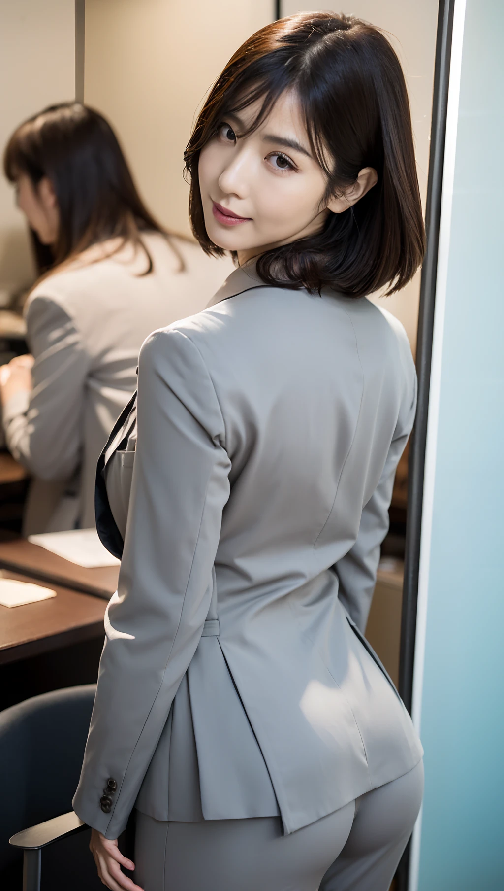 (Best quality, 8k, 32k, Masterpiece, UHD:1.2), 1girl, beautiy Japanese woman, narrow waist, grey suit, open jacket, office lady, suit, pants, from behind, office room, desk, (stick out one's buttocks:1.2), detailed face, short hair, from below, raise one leg
