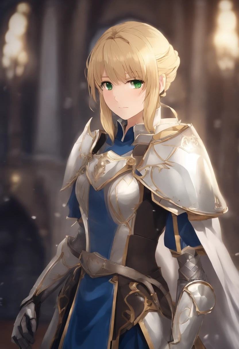 (masterpiece:1.2), (absurdres), (detailed face),(detailed eyes), (best quality) (traditional media:1.2) , (white backround), upperbody, (expressionless), artoria_pendragon_(fate), saber, armor, blonde hair, gauntlets, green eyes, hair ribbon, armored dress, ahoge, blue dress,