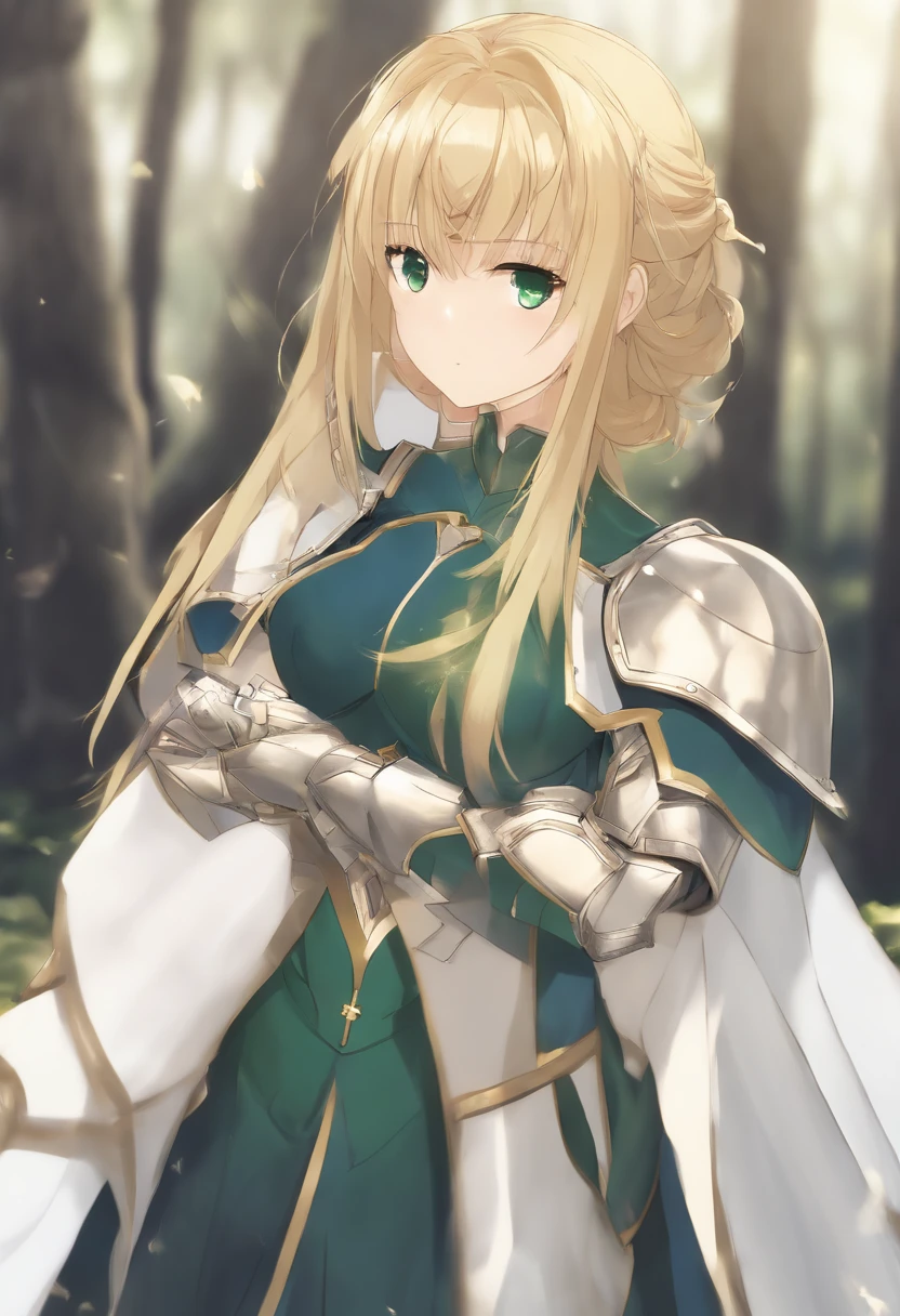 (masterpiece:1.2), (absurdres), (detailed face),(detailed eyes), (best quality) (traditional media:1.2)  , (white backround), upperbody, (expressionless),  artoria_pendragon_(fate), saber, armor, blonde hair, gauntlets, green eyes, hair ribbon, armored dress, ahoge, blue dress,