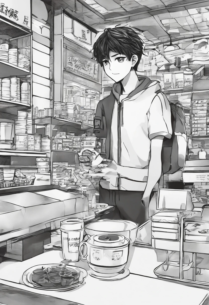 First page of a manga, Hooded boy talking to a coffee vendor, Bolhas de fala vazias, Anime style black and white manga, Boy with smile on face wearing cap, vendor in front of a diner delivering coffee, garoto e vendedor na rua vazia, bolhas de conversa, Preto e branco, black and white manga, Boy in cap buying coffee in a cafeteria, jovem