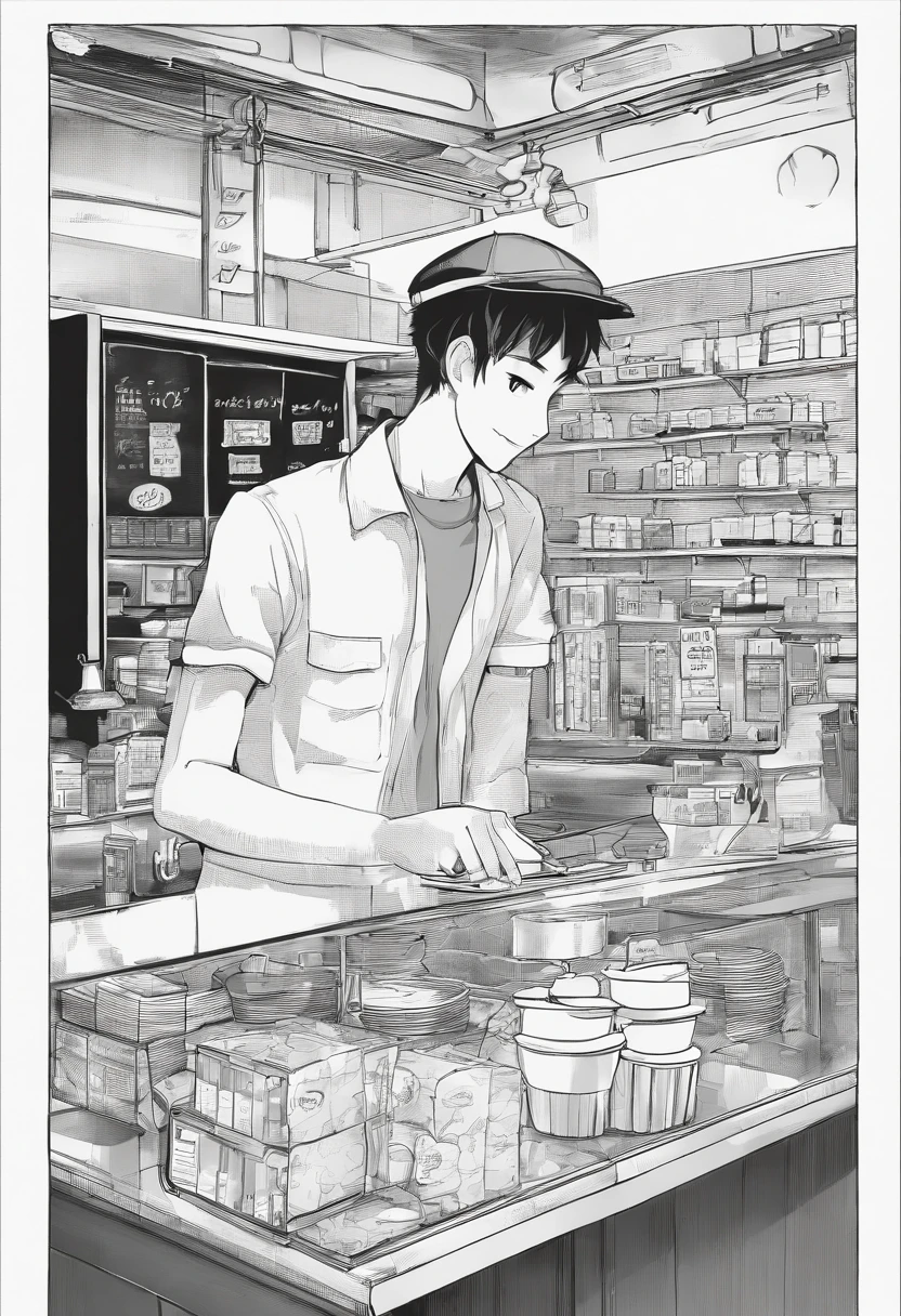 First page of a manga, Hooded boy talking to a coffee vendor, Bolhas de fala vazias, Anime style black and white manga, Boy with smile on face wearing cap, vendor in front of a diner delivering coffee, garoto e vendedor na rua vazia, bolhas de conversa, Preto e branco, black and white manga, Boy in cap buying coffee in a cafeteria, jovem