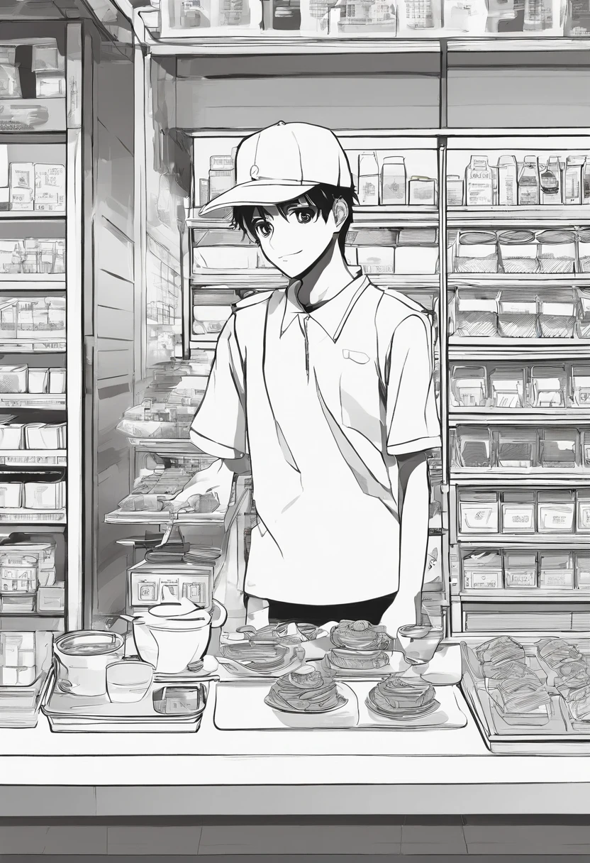 First page of a manga, Hooded boy talking to a coffee vendor, Bolhas de fala vazias, Anime style black and white manga, Boy with smile on face wearing cap, vendor in front of a diner delivering coffee, garoto e vendedor na rua vazia, bolhas de conversa, Preto e branco, black and white manga, Boy in cap buying coffee in a cafeteria, jovem