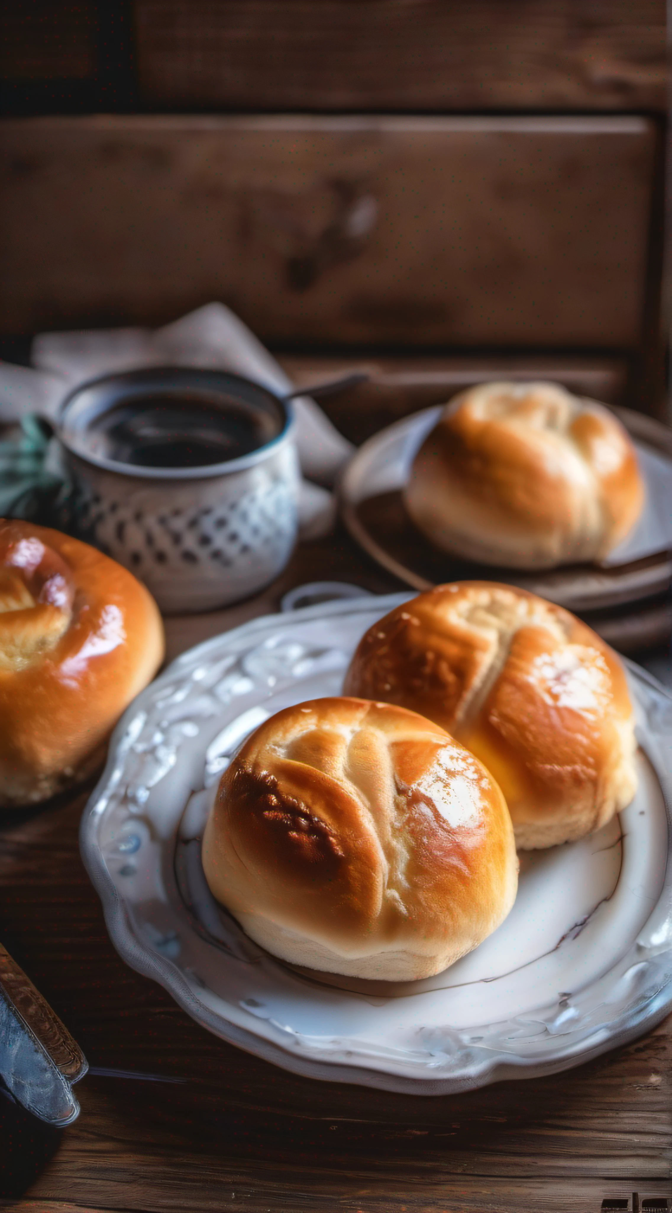 juicy warm buns on a gorgeous rustic wooden table with a delicious ultra detailed morning cadet, Photo Realísitco, foto promocional, hdr, adobe lightroom