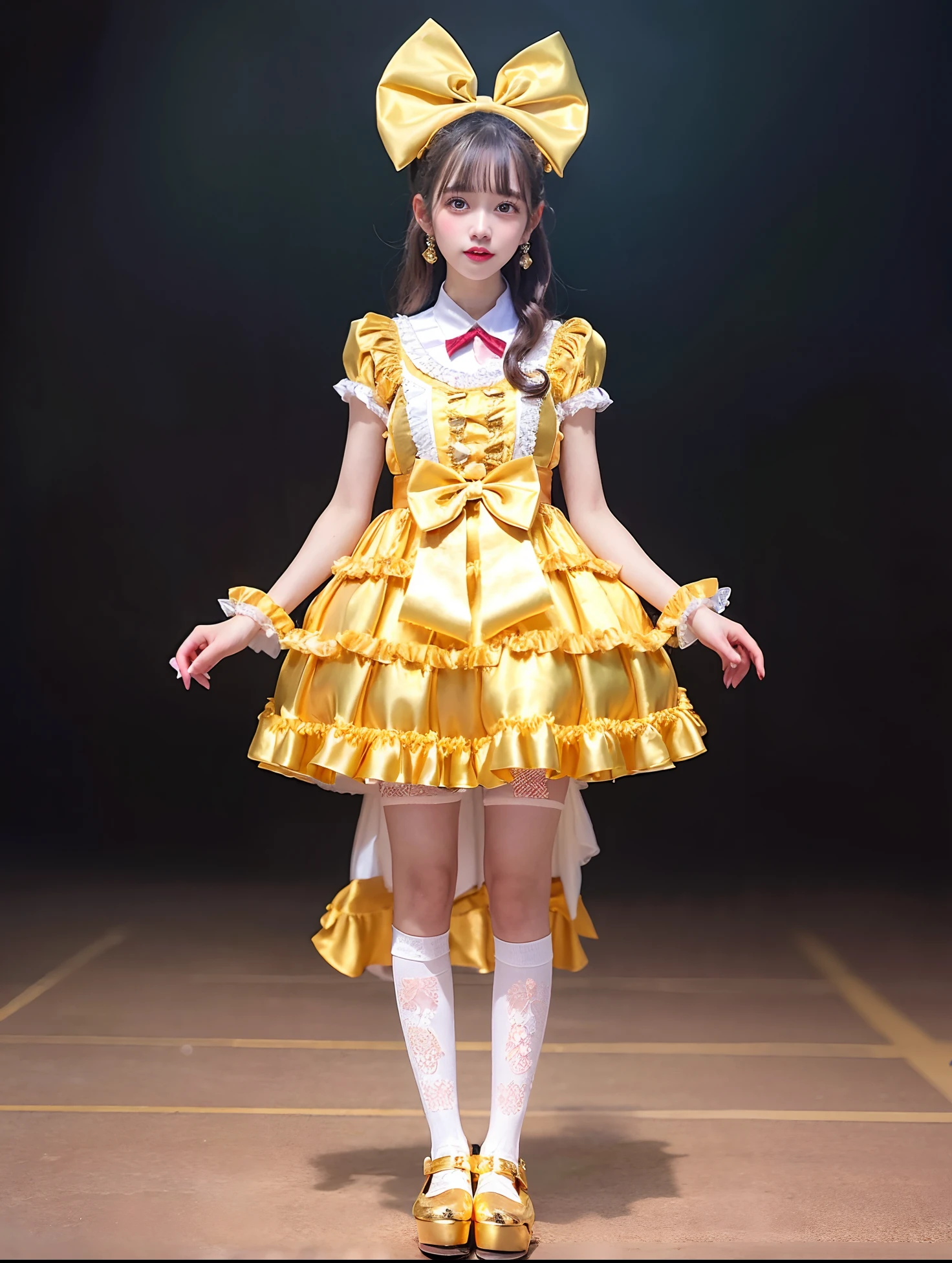 Alafe girl in gold satin dress and bow tie, rococo ruffles dress, angelic pretty, frilly outfit, rococo dress, high quality costume, Lolita style, style of magical girl, Lolita Fashion, fantasy outfit, Belle Delphine, fantasy dress, Gold Accent Costume, Ice Gold Dress, maid dress, loli in dress
