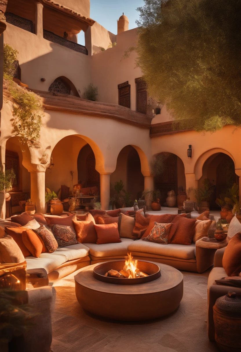 (best quality, highres, HDR:1.2),moroccan styled backyard,conversation pit,fire,plenty of seating,wood,ultra-detailed,realistic,portraits,vivid colors,studio lighting,warm color palette,soft golden sunlight