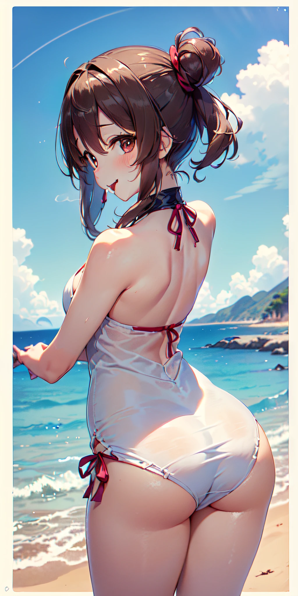 ((La mejor calidad , Obra maestra, (only 1 girl), (cuernos cortos, cabello rubio, ojos rojos, face symmetrical, Un vestido extremadamente corto con mangas largas, Levanta el vestido, bragas, Mirando hacia abajo, Enfoque de piernas, sonrisa malvada, Sacar la lengua, Serenity of the little lady, grandes?, vapor, Rear side solar lighting, Canon EOS 50mm camera))