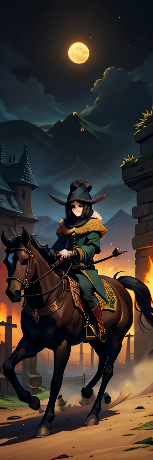 illustration, fantasia medieval, elfo negro sobre um cavalo negro