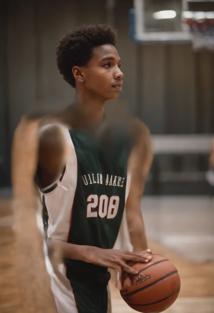 Crie uma imagem de um garoto de 18 anos que gosta de basquete, garoto realista, ultrarealismo, feliz, animado