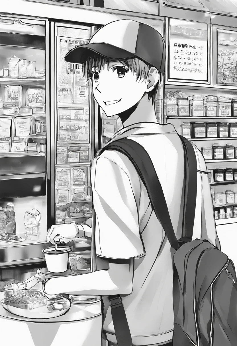 First page of a manga, Hooded boy talking to a coffee vendor, Bolhas de fala vazias, Anime style black and white manga, Boy with smile on face wearing cap, vendor in front of a diner delivering coffee, garoto e vendedor na rua vazia, bolhas de conversa, Preto e branco, black and white manga, Boy in cap buying coffee in a cafeteria, garoto de Moletom, Cap and backpack