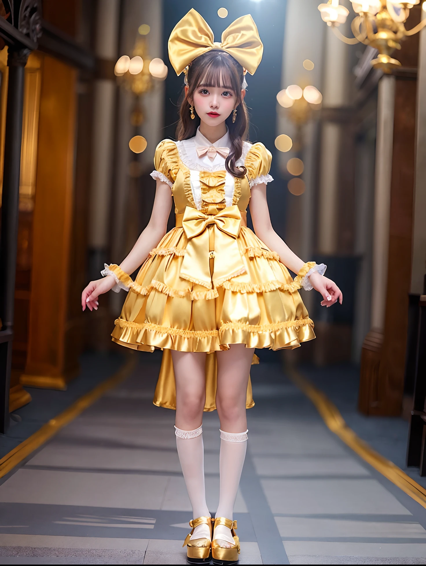 Alafe girl in gold satin dress and bow tie, rococo ruffles dress, angelic pretty, frilly outfit, rococo dress, high quality costume, Lolita style, style of magical girl, Lolita Fashion, fantasy outfit, Belle Delphine, fantasy dress, Gold Accent Costume, Ice Gold Dress, maid dress, loli in dress