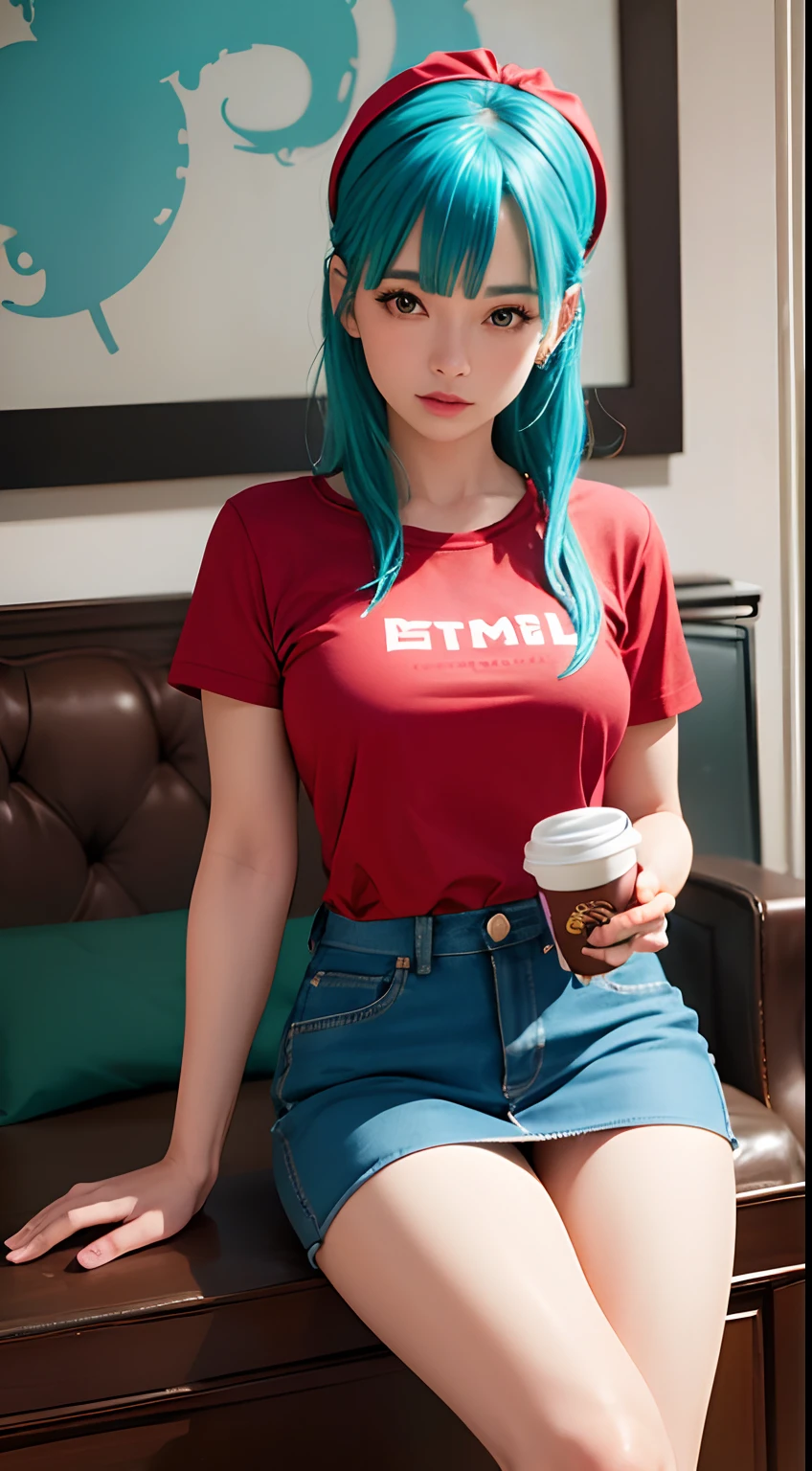 masterpiece, best quality, highres, dragon ball, blmmid, aqua hair, medium hair, blunt bangs, red hairband, medium breasts, shirt, skirt, cowboy shot, indoors, sitting, holding cup, coffee, looking at viewer,