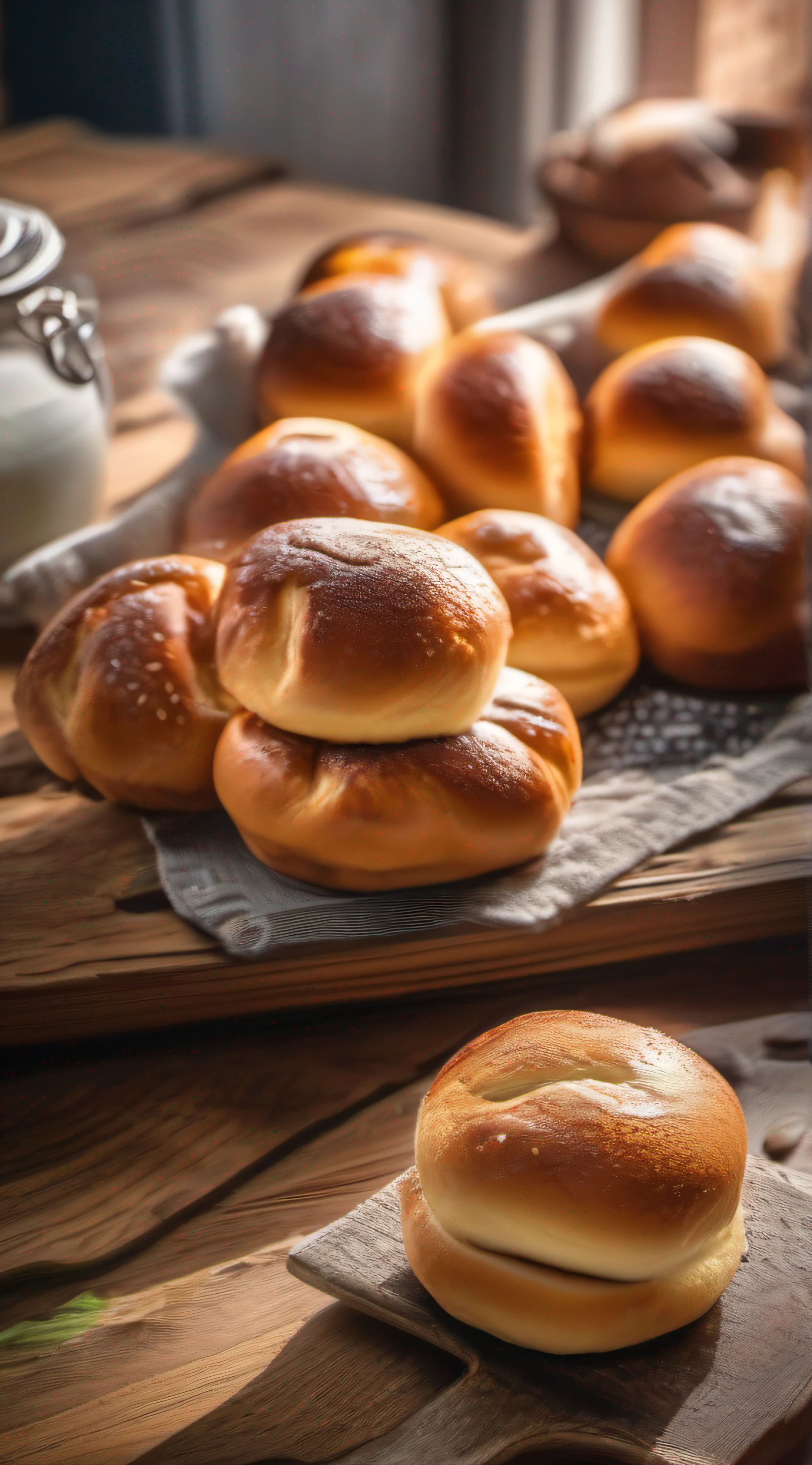 juicy warm buns on a gorgeous rustic wooden table with a delicious ultra detailed morning cadet, Photo Realísitco, foto promocional, hdr, adobe lightroom
