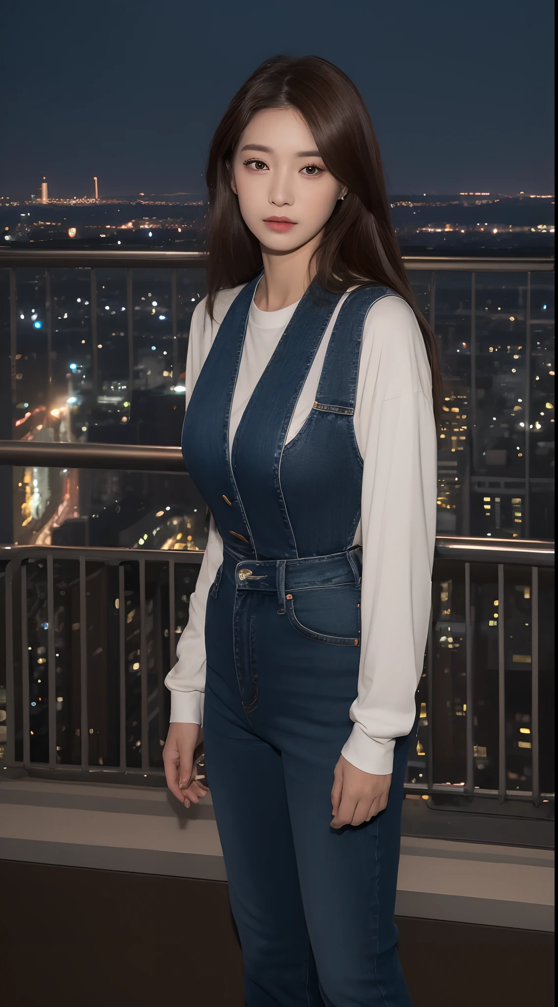 ((Midnight, Best quality, 8k, Masterpiece :1.3)), Whole body, Long legs, Sharp focus :1.2, A pretty woman with perfect figure :1.4, Slender abs :1.1, ((Dark brown hair, Big breasts :1.2)), (White tight tshirt, Jean bib, Standing:1.2), ((Night city view, Rooftop:1.3)), Highly detailed face and skin texture, Detailed eyes, Double eyelid