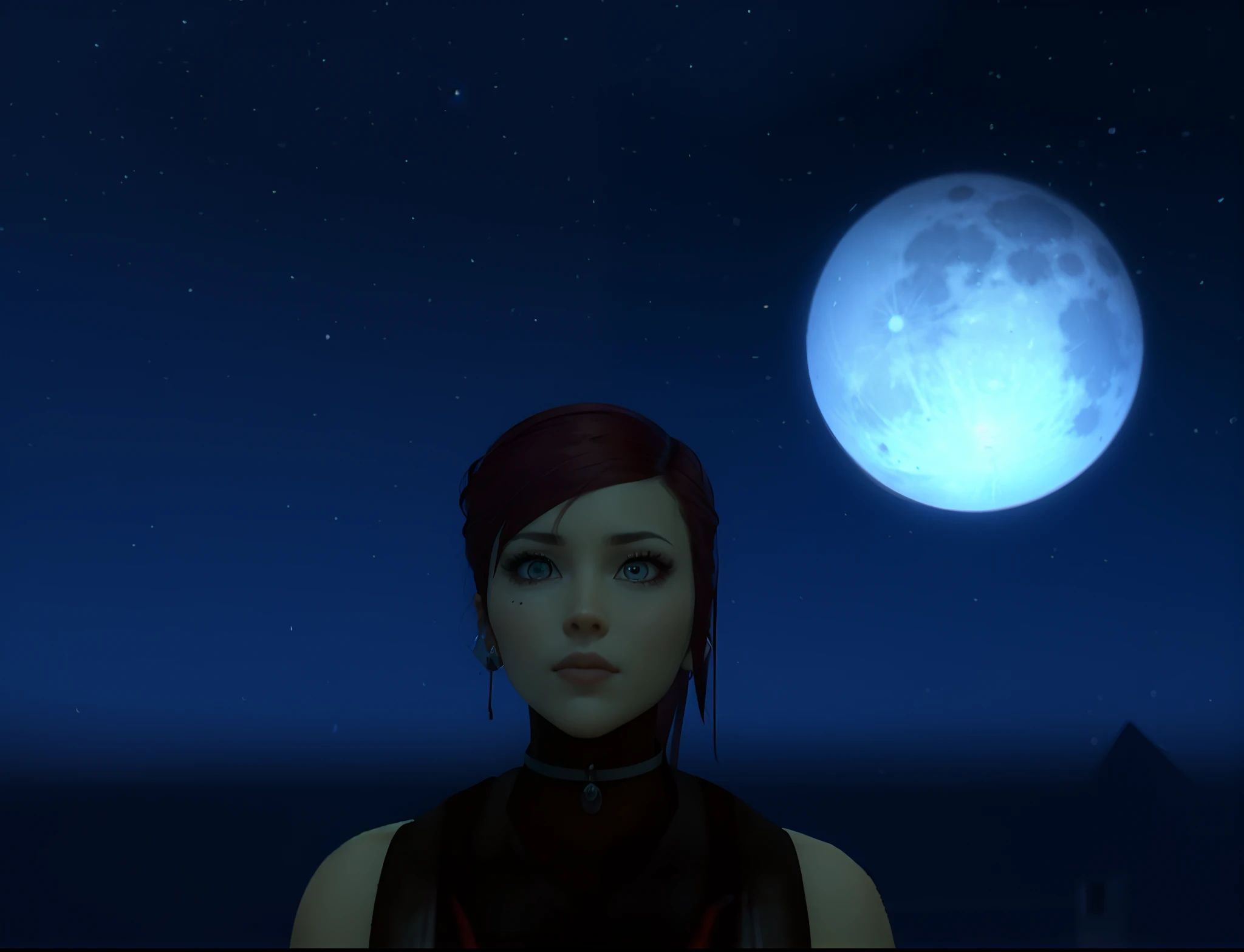 there is a woman standing in front of a full moon, in front of a pale full moon, in front of a big moon, in front of a full moon, moons in background, in front of the moon, during a blood moon, second life avatar, (moon in the background), nighttime moonlit, detailed crimson moon, with full moon in the sky, red haired, pony tail, white eyes, beautiful, detailed, 4k,