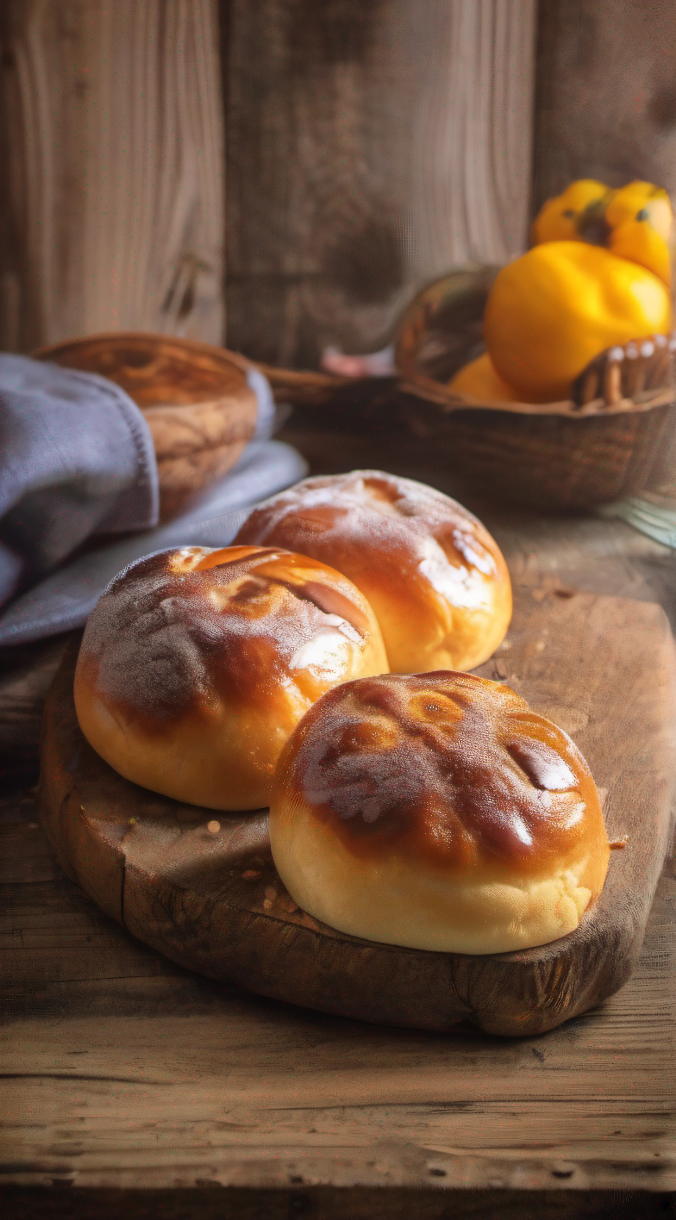 juicy warm buns on a gorgeous rustic wooden table with a delicious ultra detailed morning cadet, Photo Realísitco, foto promocional, hdr, adobe lightroom