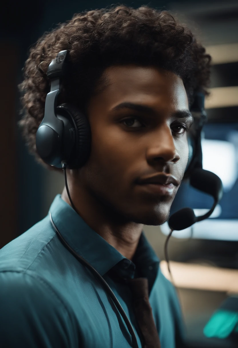Imagine A young black man with curly hair in the bedroom working as a call center operator