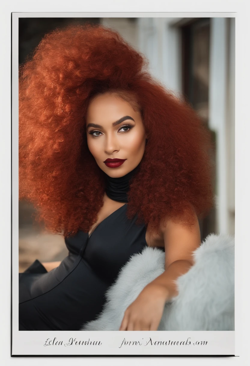 Mulher ruiva linda , usando um lindo vestido preto simples , serious face big hair ,