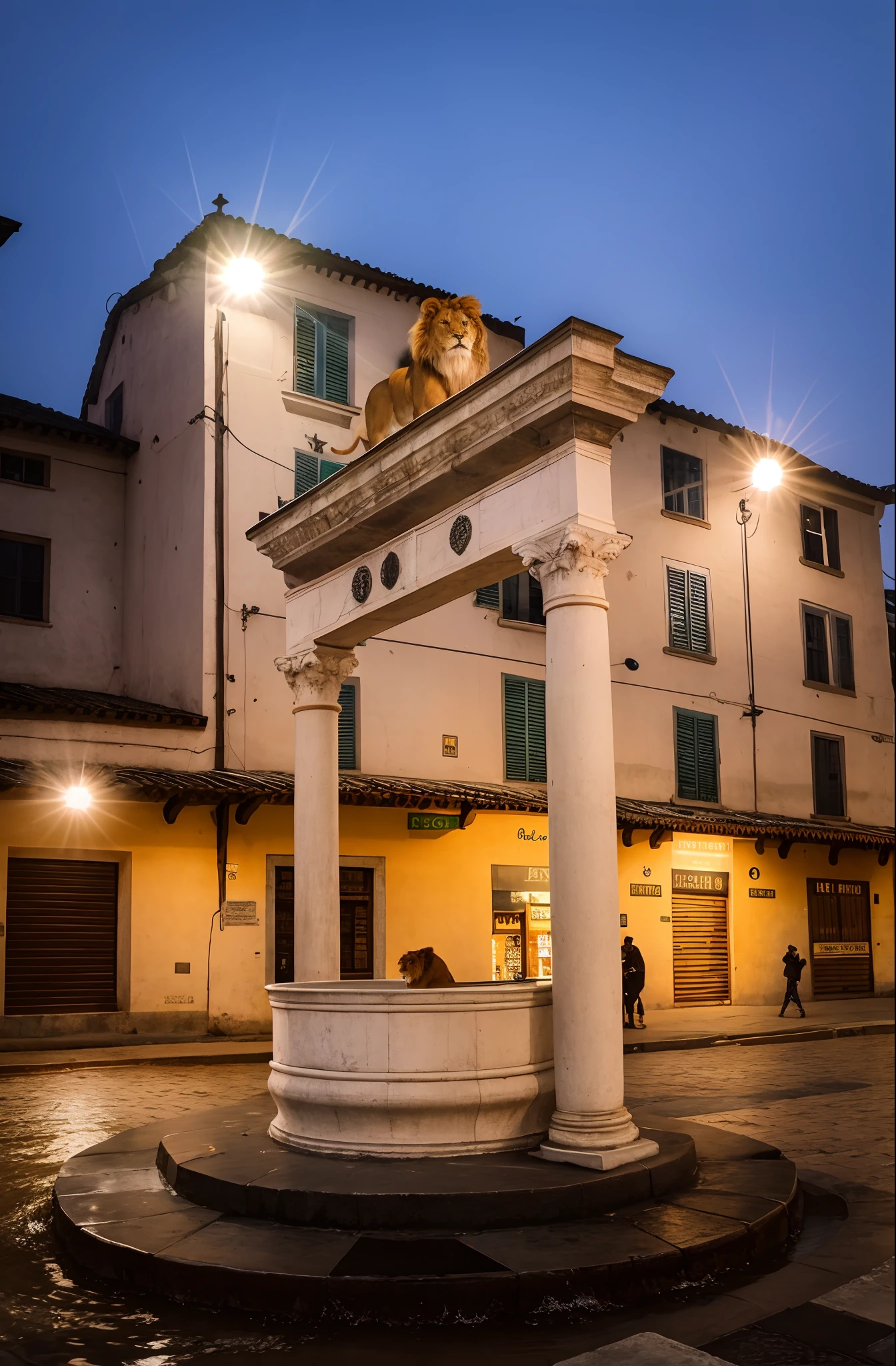 a photography of one lion standing on the top beam of a well in the middle of a city square during reinassance, a few people are waiting with some buckets to gather some water, hyperrealism