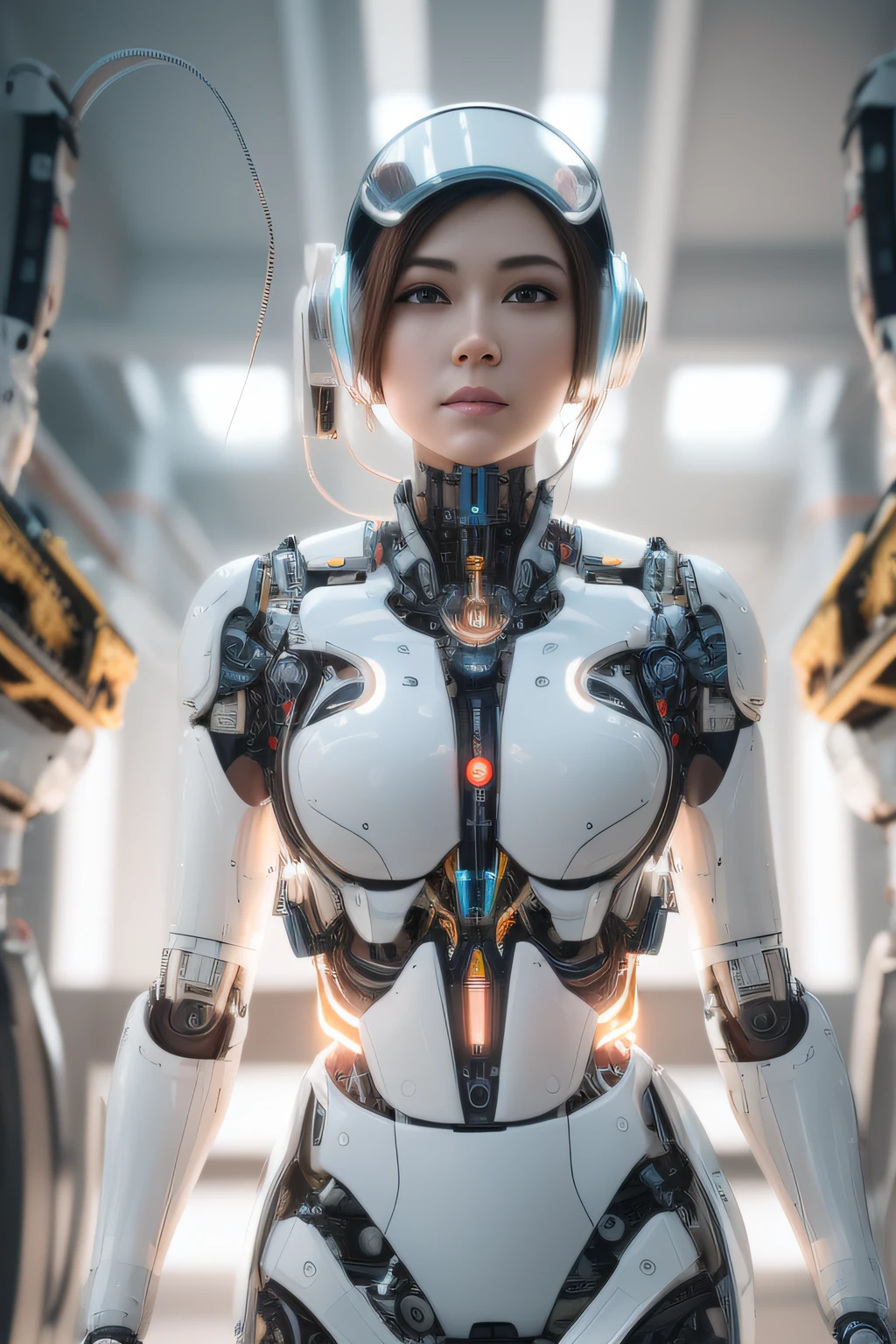 Intelligent bionic robot, female people, cyborg robot parts, Cable Electrical Wire, micro Chip, Bright Studio, hyper photorealism, Highly detailed, Intricate details, softlighting, rim-light, rendering by octane, unreal engine 5 render, Mechanical personal servant, sexy robot, 8K, Best quality, Masterpiece, Low ISO, White balance,high key lighting,Creates a soft and ethereal feel, with a shallow depth of field, blue lights, white lights