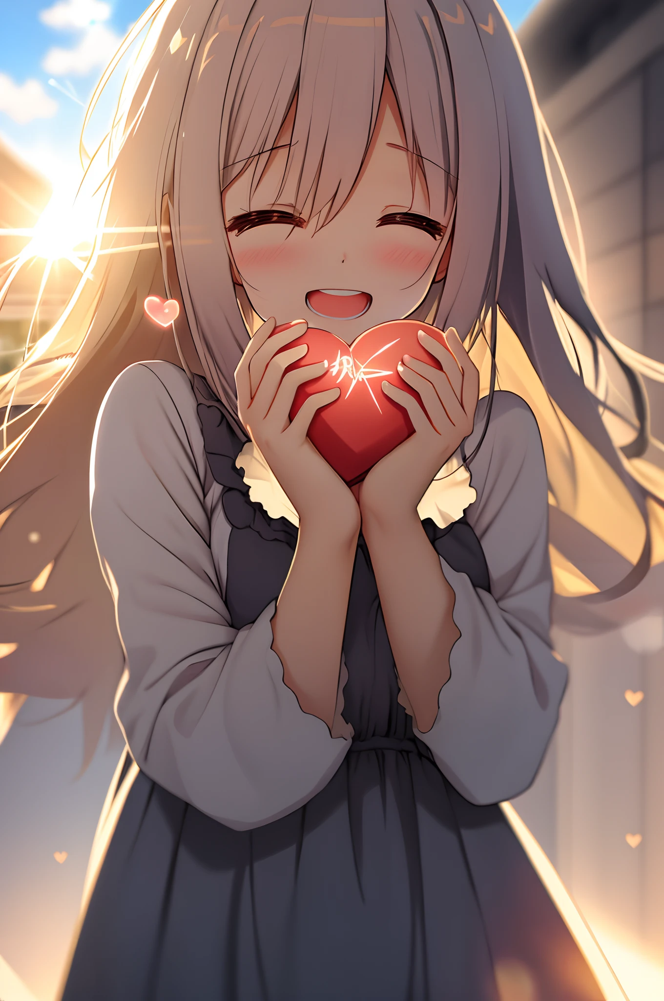 masterpiece、top-quality、girl with、Cozy dress、The upper part of the body、(Huge laughter:1.1)、(Opening Mouth:1.1)、(widely opened eyes:1.2)、Sun glare、bokeh dof、depth of fields、blurry backround、Particles of light、heavy wind、(Heart particles:1.1)