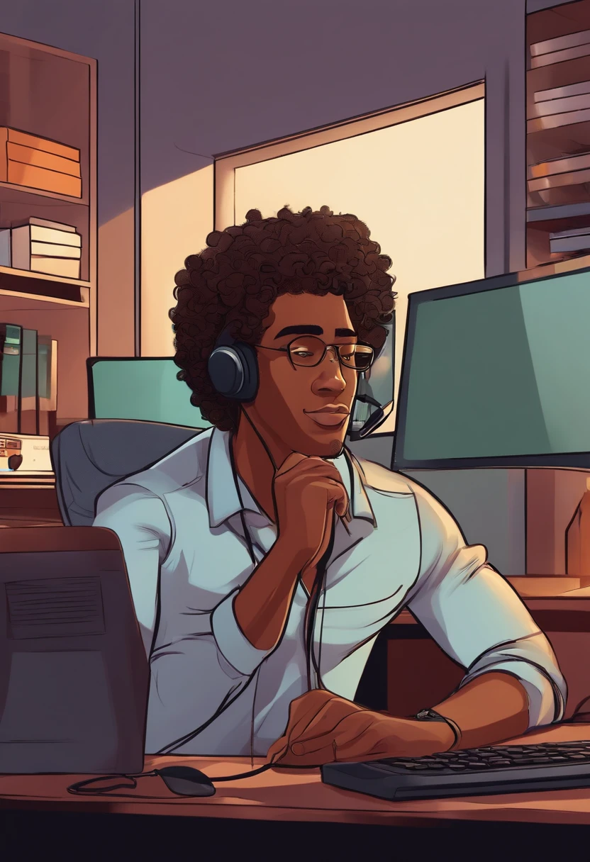 A young black man with curly hair in the bedroom working as a call center operator (cartoon)