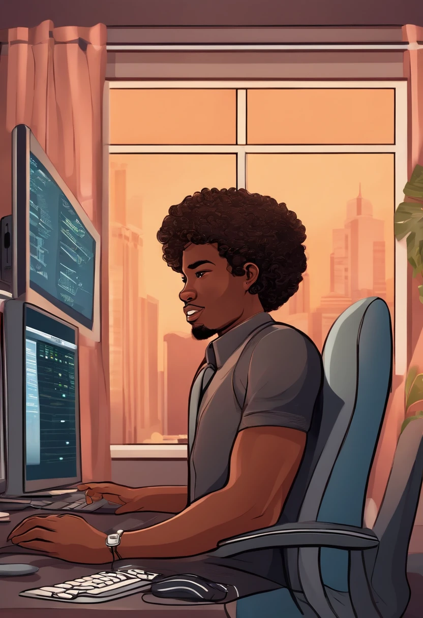 A young black man with curly hair in the bedroom working as a call center operator (cartoon)