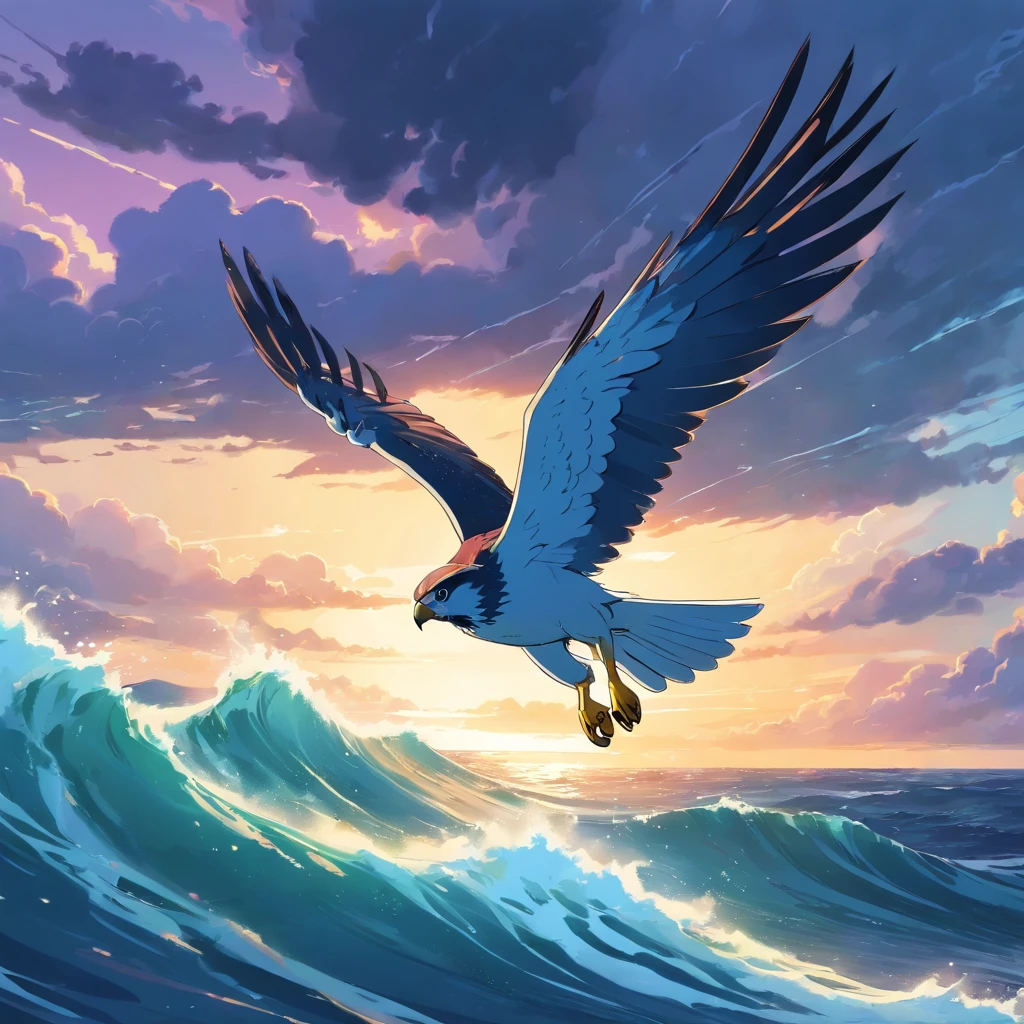 Falcon flying over the stormy sea