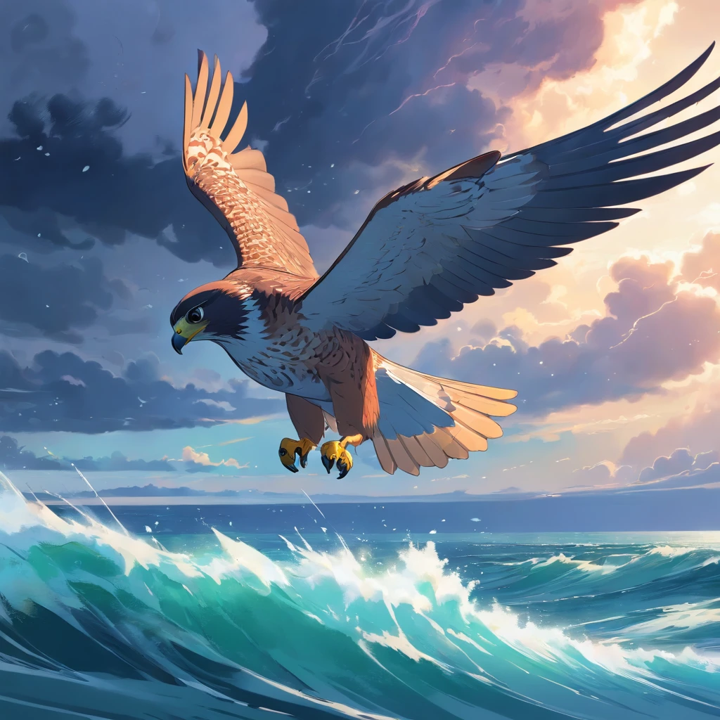 Falcon flying over the stormy sea