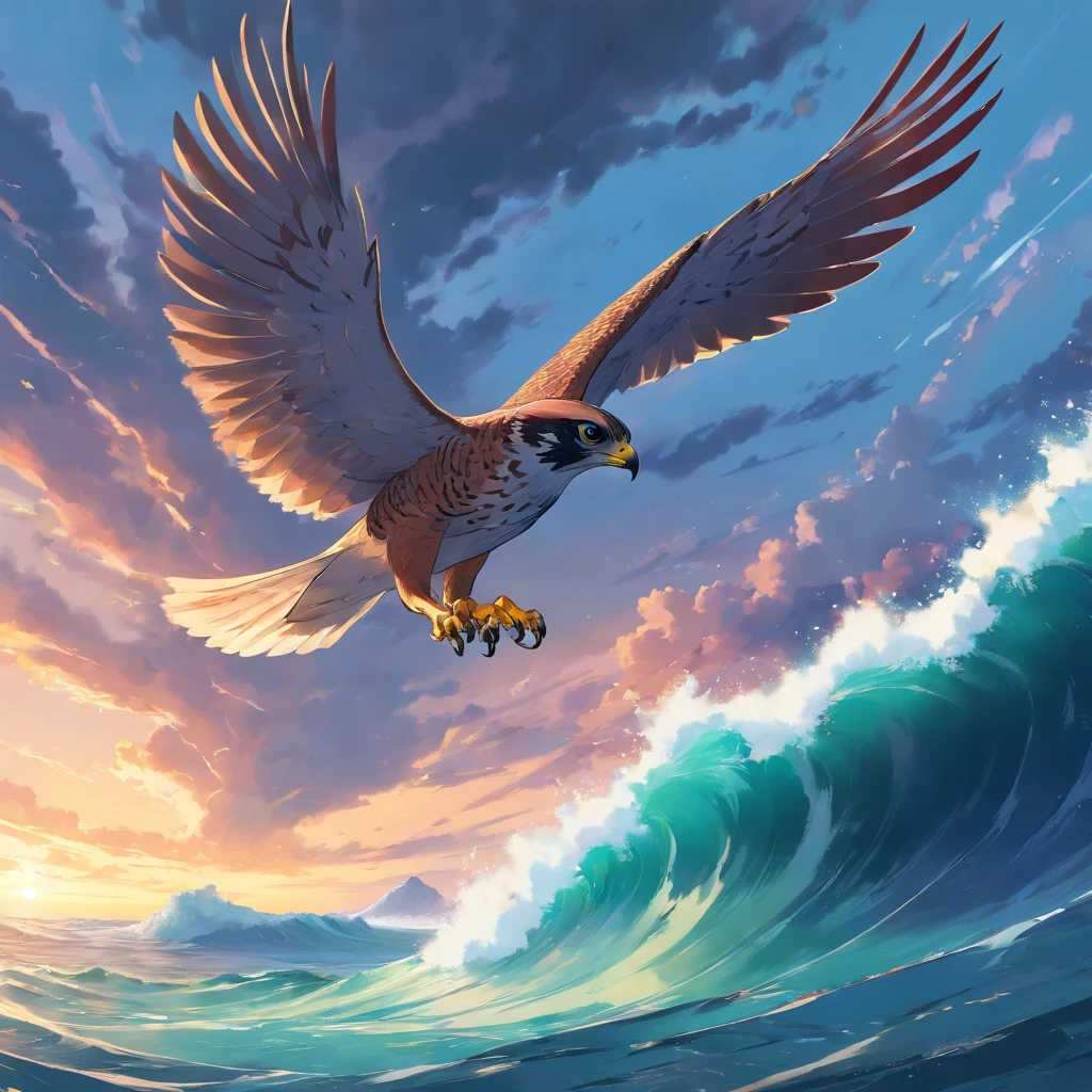 Falcon flying over the stormy sea