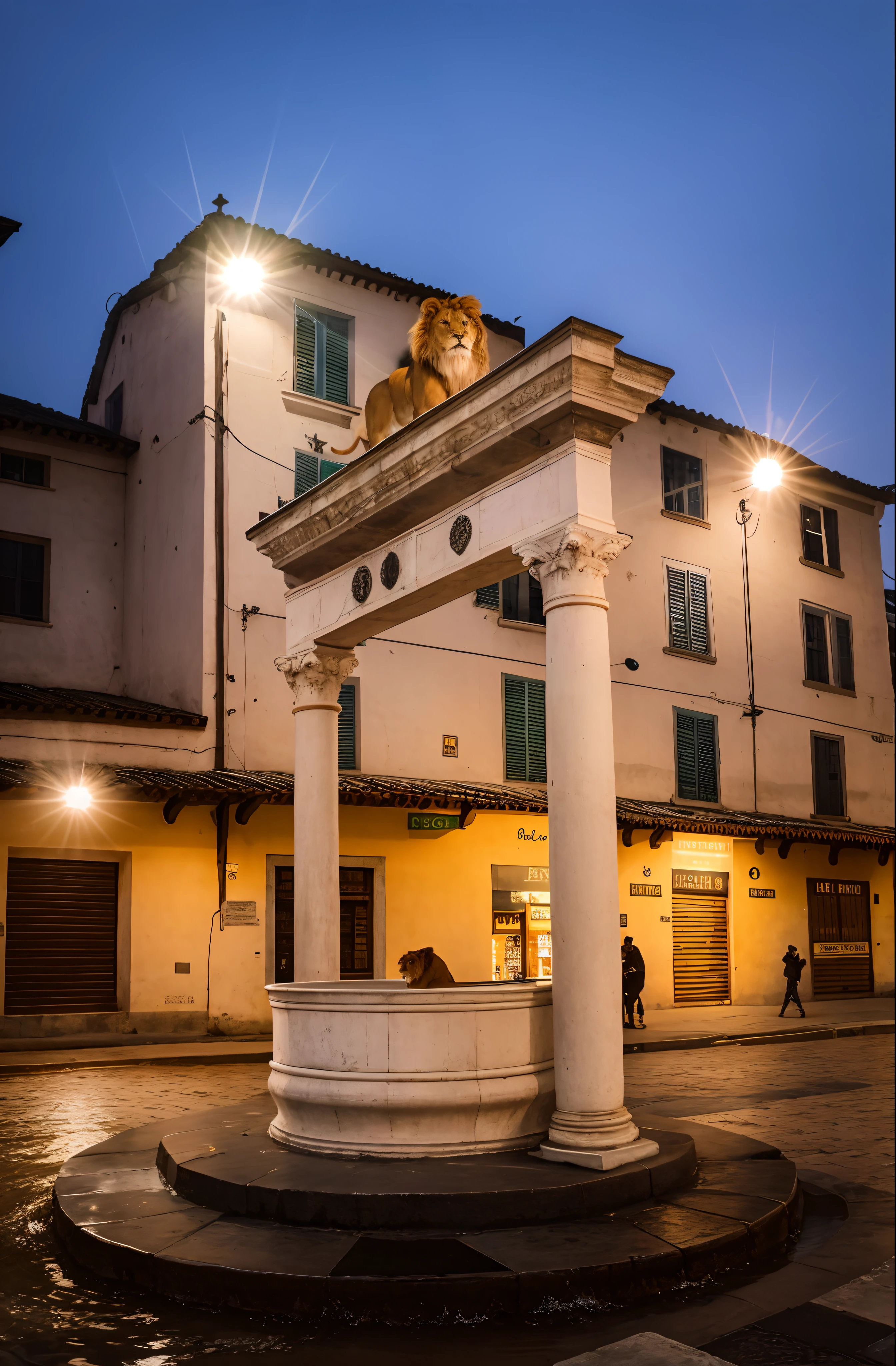 a photography of one lion standing on the top beam of a well in the middle of a city square during reinassance, a few people are waiting with some buckets to gather some water, hyperrealism