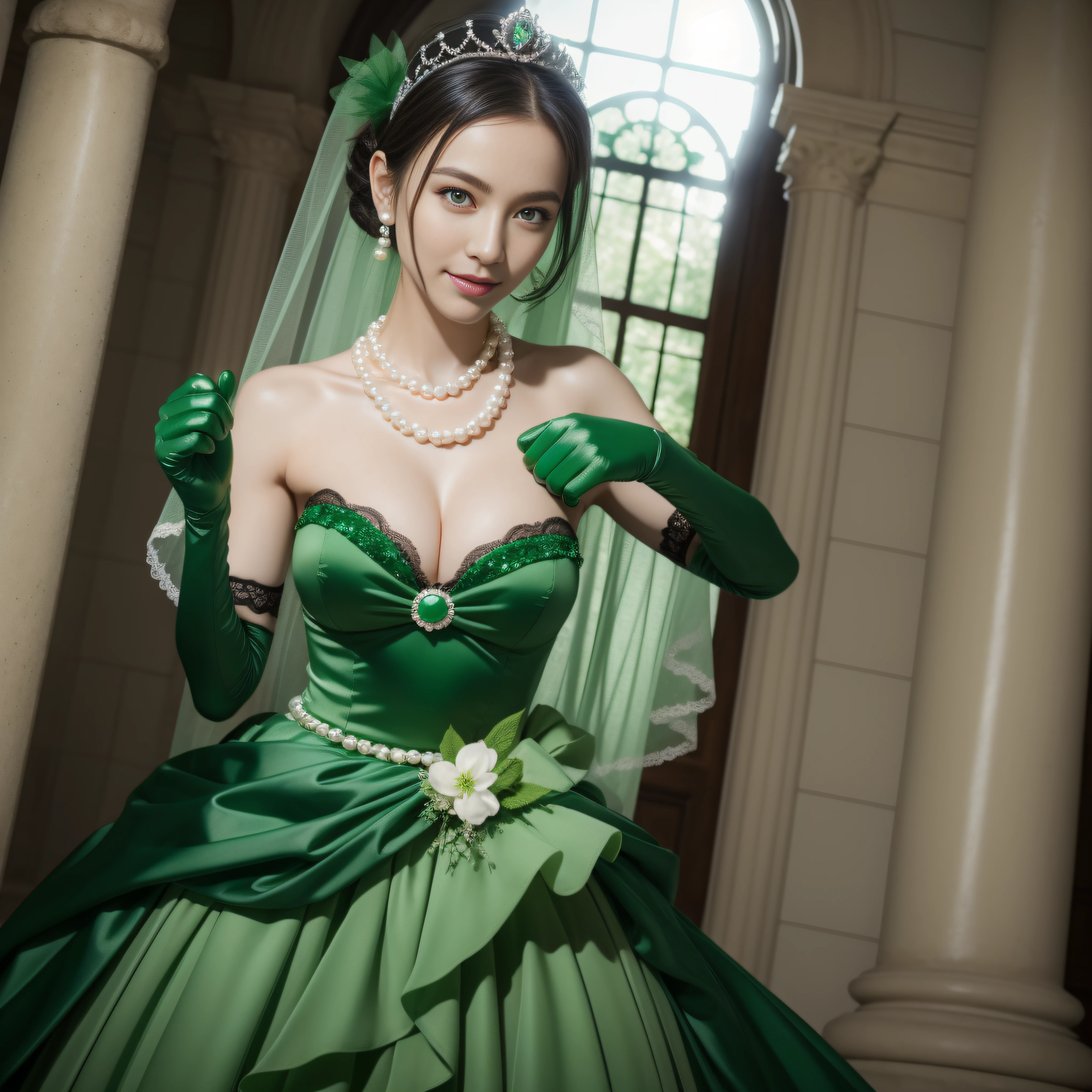 Green Dress Flower Cleanser,Sense of atmosphere, best qualtiy,tmasterpiece,1girll,30-years old,Green dress,Daytime Church,full body Esbian, Green gloves,With short black hair,big breasts beautiful,looking at viewert,ssmile,Green Bridal Veil,Green Long Grove,Satin green long gloves, lipsticks, Pearl Necklace、Green gloves,emerald tiara, Looking at the camera, A Japanese Lady, Green eyes, Look forward