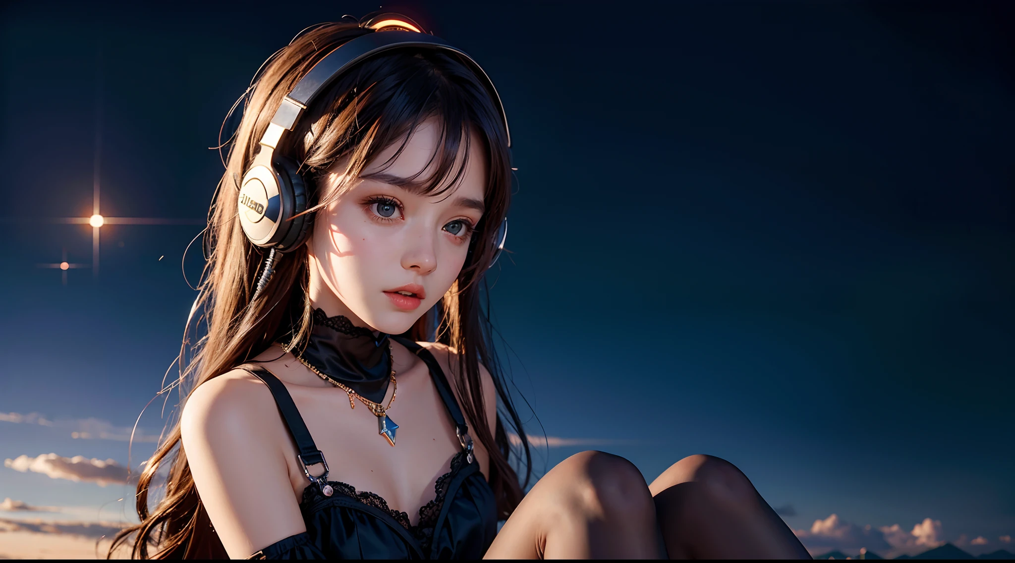 beautiful girl, 13 years old, Tiny dress, dark tights, listening to music on headphones, musical lyrics around her head, hyper-realistic, best quality, very high resolution, 8k, HDR
