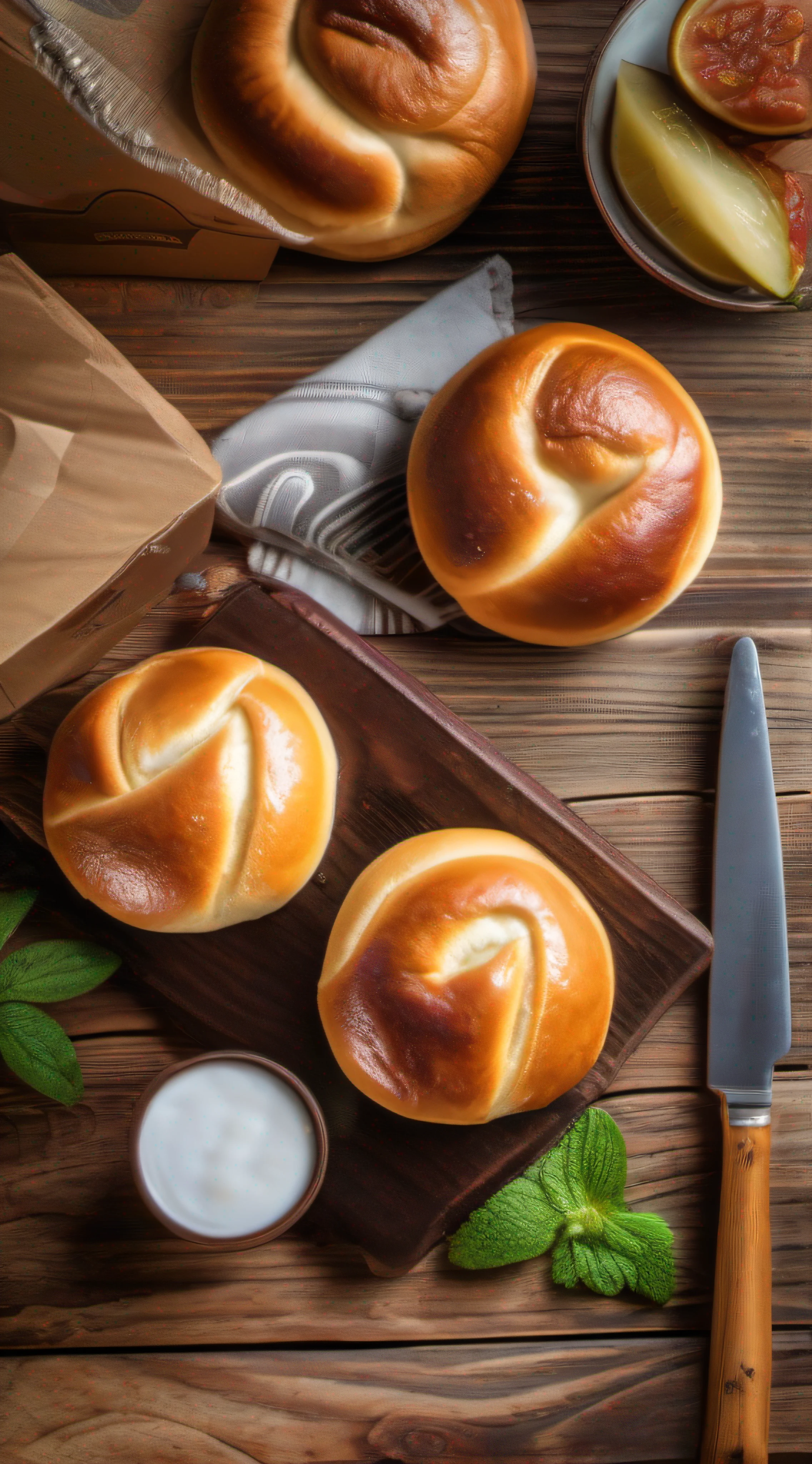 juicy warm buns on a gorgeous rustic wooden table with a delicious ultra detailed morning cadet, Photo Realísitco, foto promocional, hdr, adobe lightroom