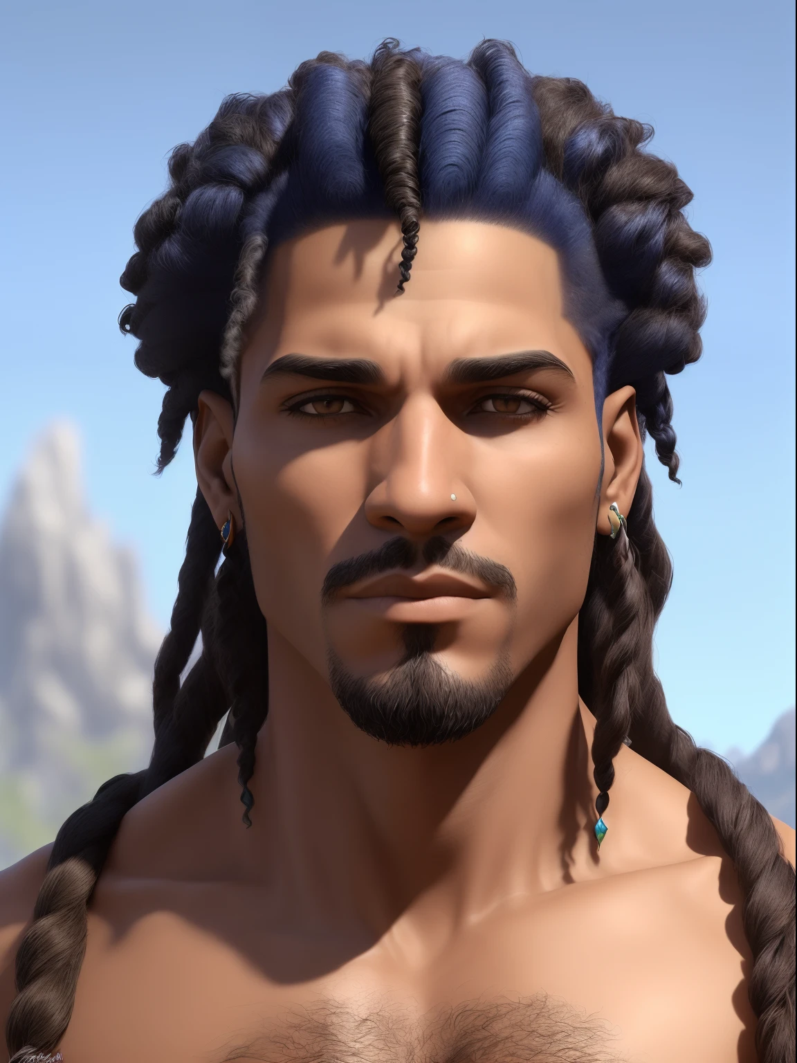 human hybridthe man, Reis negros em correntes de ouro de cabelo afro cabelo caindo para frente, Rasta type but braided with blue hair and , Personagem de ((Estilo Art Vista de Corpo Inteiro, plano completo, vista frontal, Vista lateral, vista traseira, de personagem, Multiple views and poses, various points of view, um personagem, corpo inteiro, personagem com menos, estilo de roupa, no mesmo Estilo de cabelo, less Type of footwear, forte )):: ((whole body view, plano completo, vista frontal, vista traseira, design de personagem, Multiple views and poses, castelo corpo inteiro, Multiple views and poses. various points of view. Fantasia hiperdetalhada, retrato masculino da fantasia, retrato masculino do deus svarog, Retrato de um guerreiro fantasia fosco detalhado, retrato de arte conceito de fantasia, retrato do personagem da fantasia, cinematic bust portrait, Retrato , 8k shaman profile portrait,