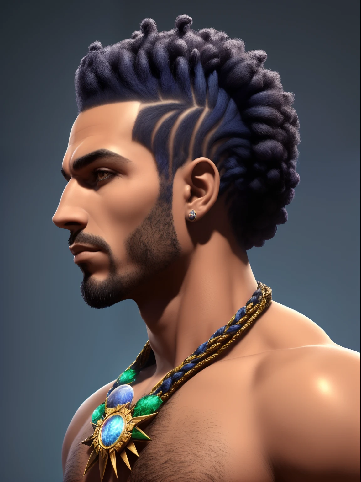 human hybridthe man, Reis negros em correntes de ouro de cabelo afro cabelo caindo para frente, Rasta type but braided with blue hair and , Personagem de ((Estilo Art Vista de Corpo Inteiro, plano completo, vista frontal, Vista lateral, vista traseira, de personagem, Multiple views and poses, various points of view, um personagem, corpo inteiro, personagem com menos, estilo de roupa, no mesmo Estilo de cabelo, less Type of footwear, forte )):: ((whole body view, plano completo, vista frontal, vista traseira, design de personagem, Multiple views and poses, castelo corpo inteiro, Multiple views and poses. various points of view. Fantasia hiperdetalhada, retrato masculino da fantasia, retrato masculino do deus svarog, Retrato de um guerreiro fantasia fosco detalhado, retrato de arte conceito de fantasia, retrato do personagem da fantasia, cinematic bust portrait, Retrato , 8k shaman profile portrait,