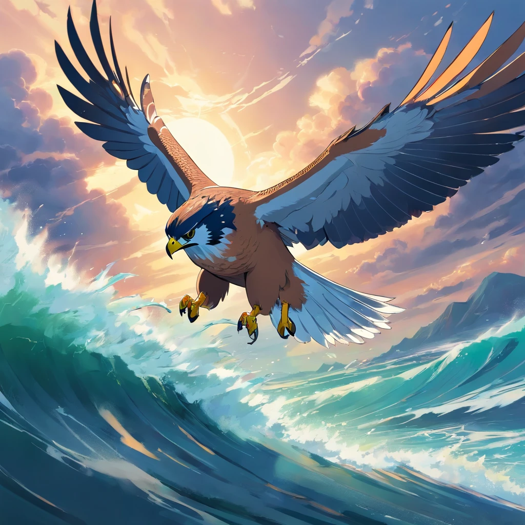 Falcon flying over the stormy sea, while fighting a battle with a dragon