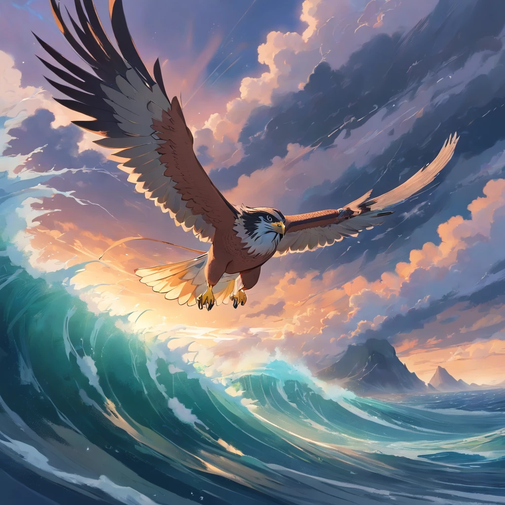 Falcon flying over the stormy sea, while fighting a battle with a dragon