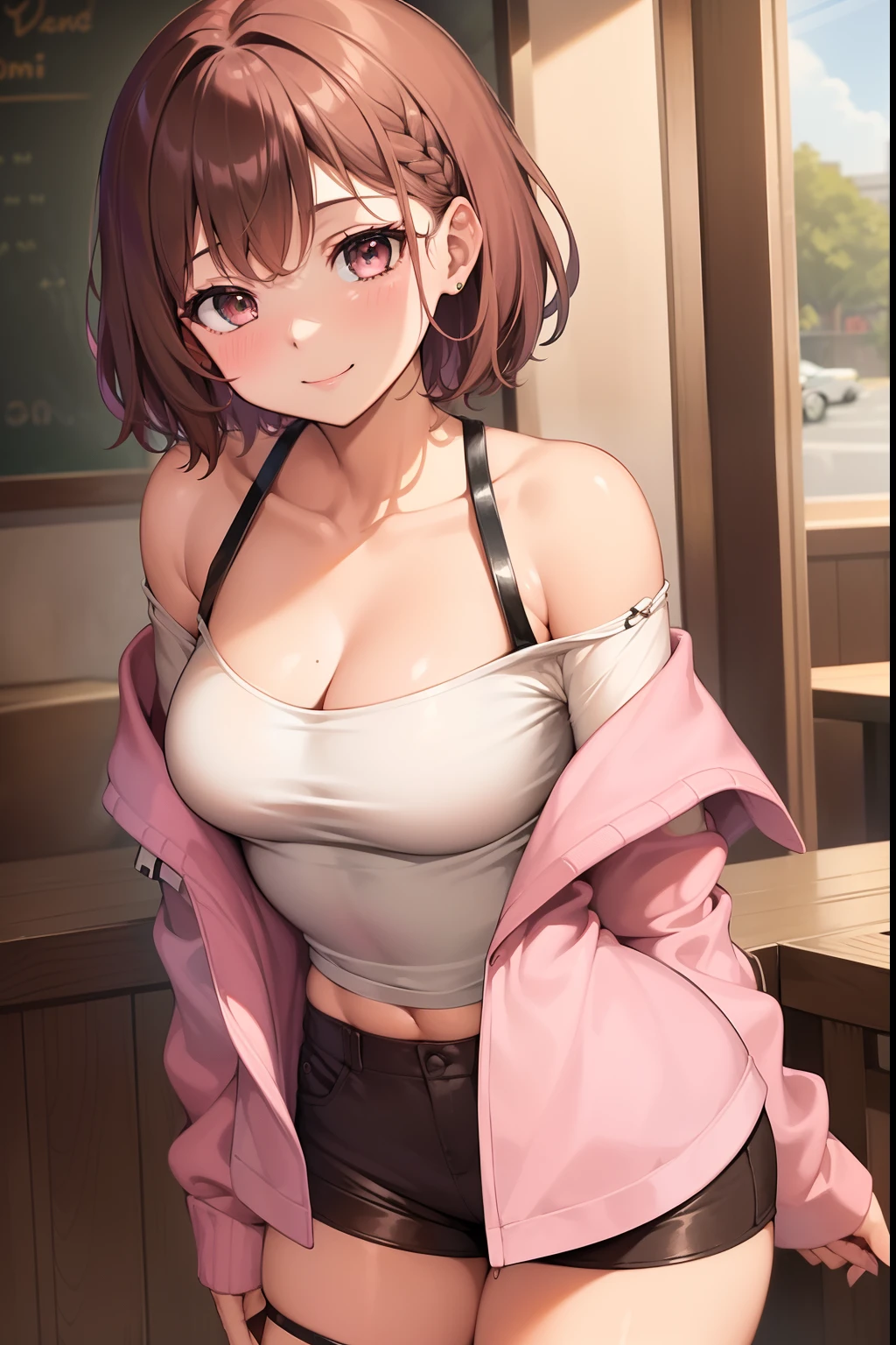 ((30-years old)), hair ((Short, Wavy, brown)), Eyes ((hazelnut, Smart Eyes)), Clothes ((off shoulder shirt, hotpants, Black, Pink)), Accessories ((shock)),tiny chest,Curvaceous, Seductive smile, Smiling, pub, showing butt, looki,