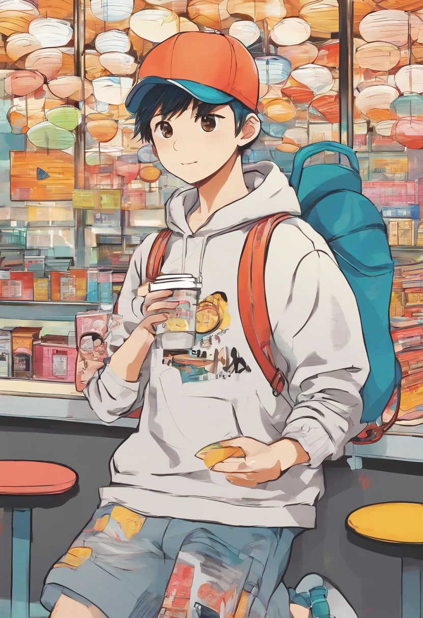Boy in sweatshirt, cap and backpack, buying coffee in a cafeteria, conversation bubbles