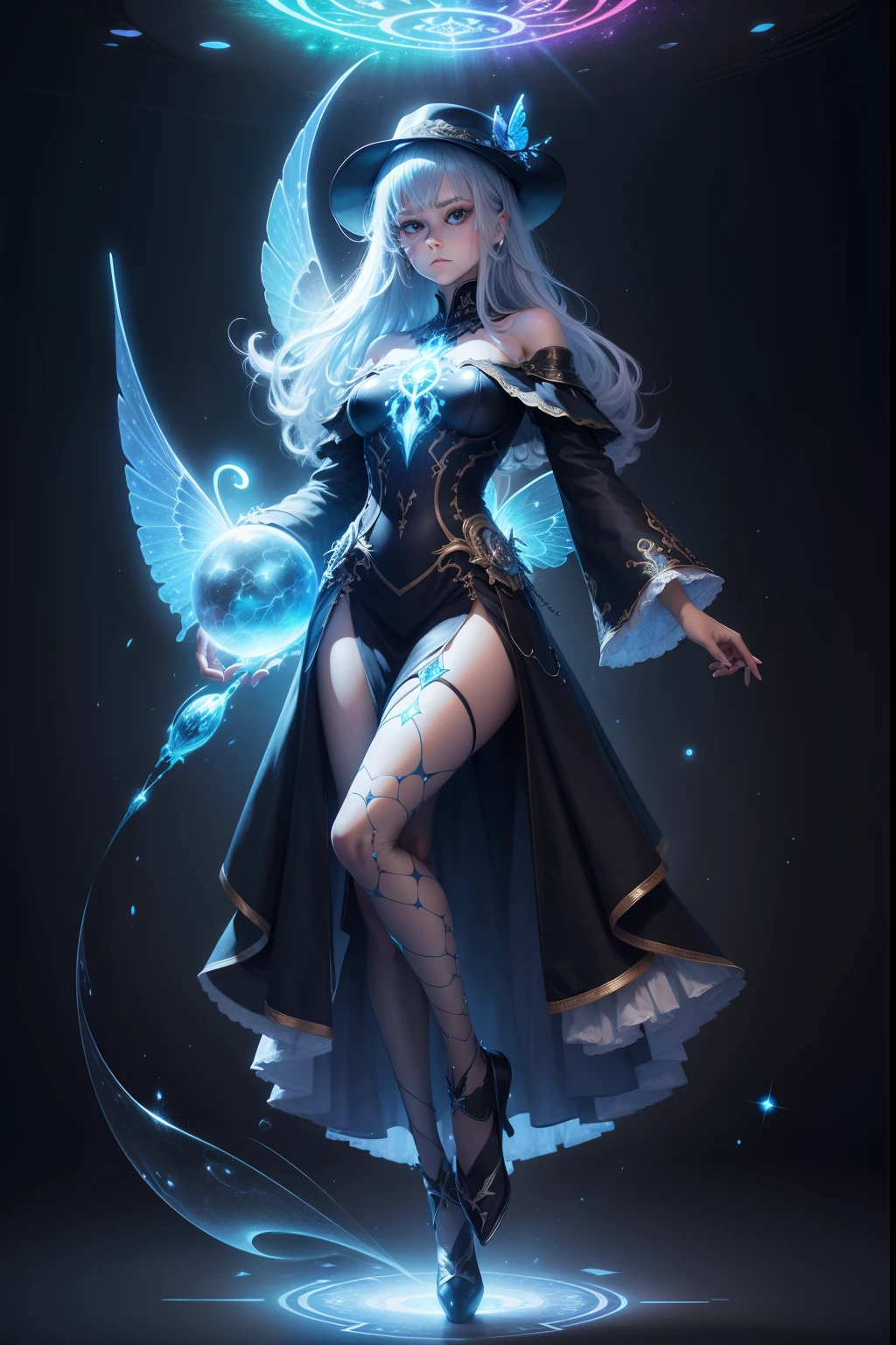 absurdres , highres, ultra detailed, (1girl:1.3), BREAK, fantasic dress, headwear, BREAK, light persona, dark persona, mind control, fractal, full body, ceiling, Artistic Background, blue Bioluminescence, Geometric, Organic, blessing, favor, exalted, sublime, noble, unfolding, unraveling, antigravity, antimatter, guardian angel, holy, sacred, spiritual, dignified, red Bioluminescence, flower, holographic wings, on Magic circle, Photon, butterfly, scales, galaxy, BEARK,