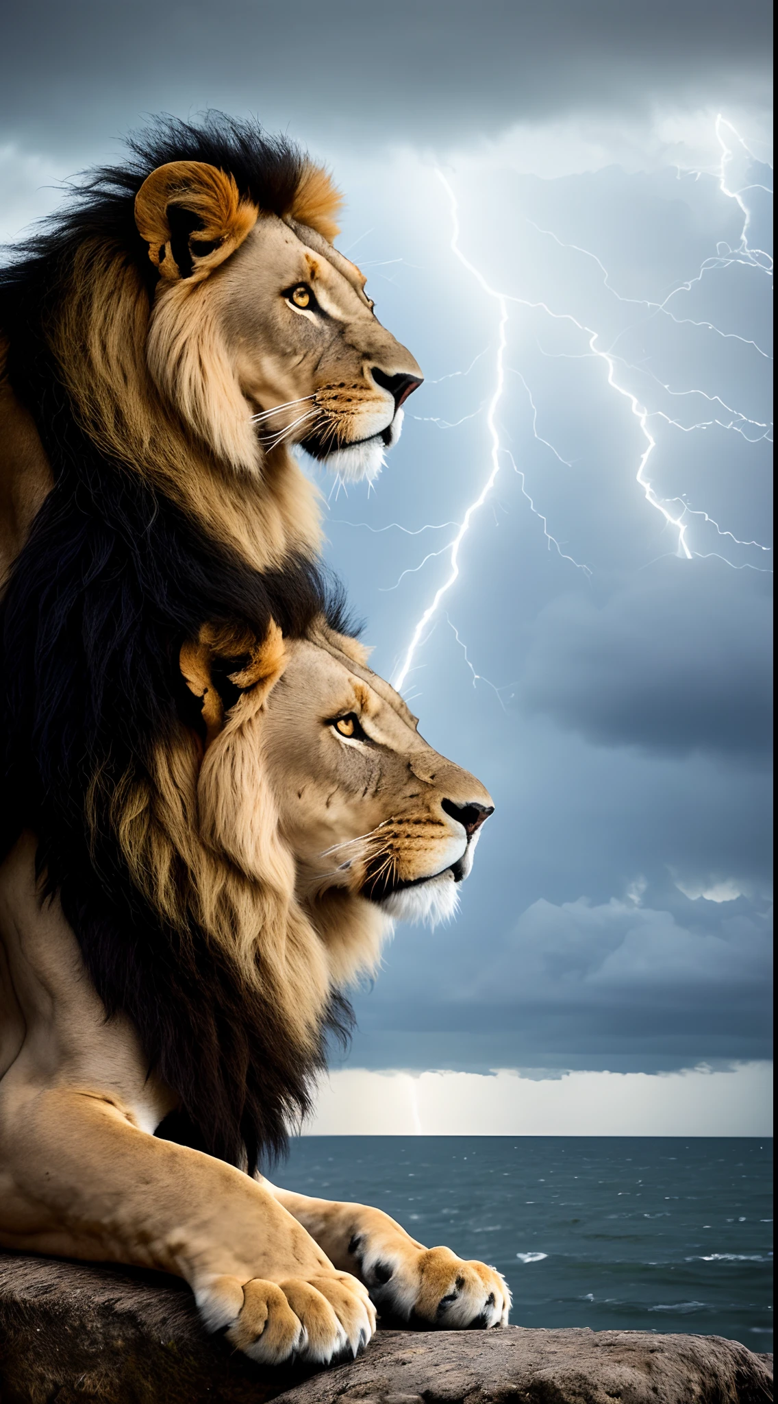Ultra realistic image of a majestic lion weathering an intense storm with calm and determination. The lion is standing in a setting where dark clouds and lightning surround him, but his expression demonstrates a deep inner resilience and unwavering strength. Raindrops run down his fur, and his firm paws keep him in place as he looks bravely at the horizon. The image should convey the message that inner resilience is like the strength of a lion in the face of life's challenges