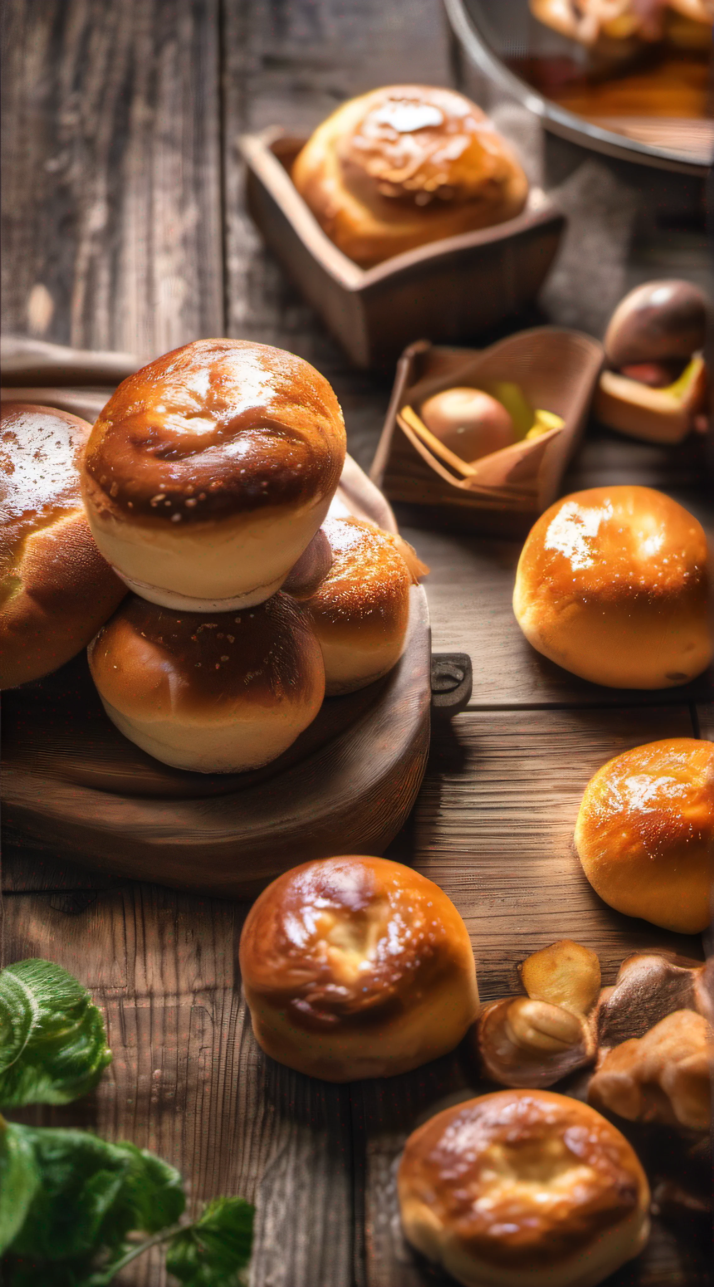 juicy warm buns on a gorgeous rustic wooden table with a delicious ultra detailed morning cadet, Photo Realísitco, foto promocional, hdr, adobe lightroom