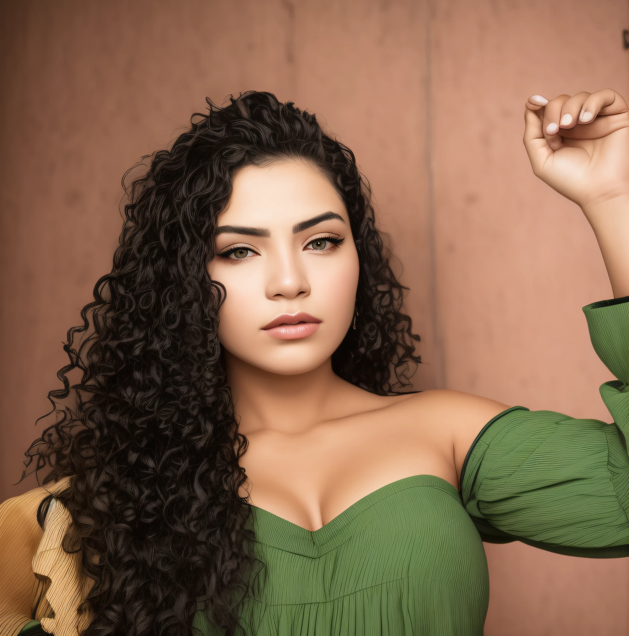 there is a woman with long curly hair posing for a picture, cabelo encaracolado preto, longos cabelos cacheados pretos selvagens, gorgeous female jade tailor, longos cabelos cacheados pretos, Mulher de 30 anos de Cuba, preto longo cabelo encaracolado longo, Mulher mexicana bonita, longos cabelos verdes cacheados, longos cabelos cacheados intrincados, cabelos negros cacheados, longos cabelos negros encaracolados, cabelos cacheados