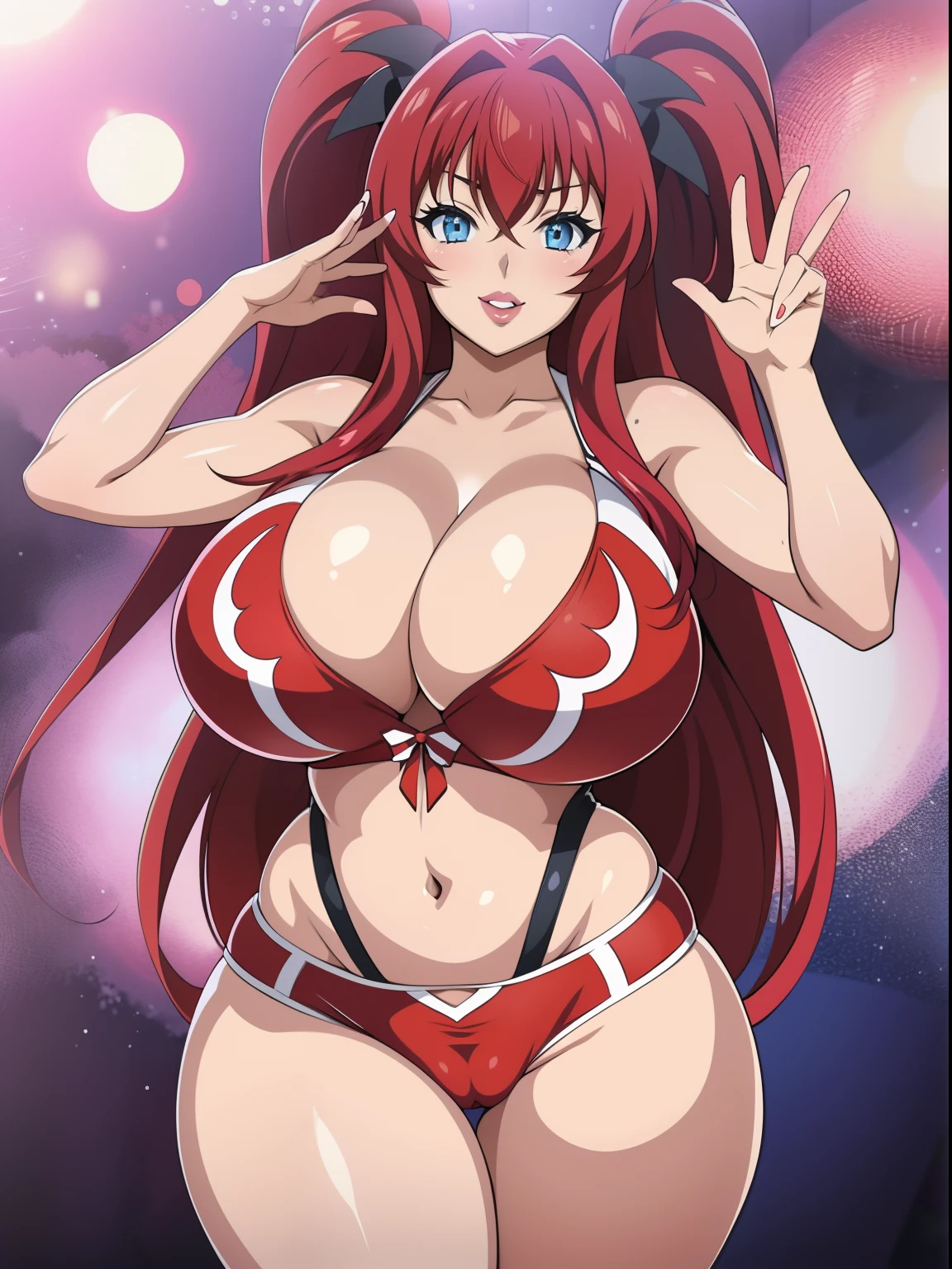 Highschool dxd, Rias Gremory, 1girl, (((bimbo))), blue eyes, puffy lips, painted lips, thick lips, wide hips, thick thighs, big breast, huge ass, revealing cleavage, erotic, smile face, bubble butt, camel toe, hitomi Tanaka breasts, , huge breasts, cheerleader, posing, hand signs,