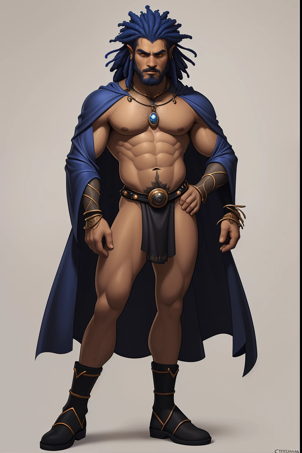 human hybridthe man, Reis negros em correntes de ouro de cabelo afro cabelo caindo para frente, Rasta type but braided with blue hair and , Personagem de ((Estilo Art Vista de Corpo Inteiro, plano completo, vista frontal, Vista lateral, vista traseira, de personagem, Multiple views and poses, various points of view, um personagem, corpo inteiro, personagem com menos, estilo de roupa, no mesmo Estilo de cabelo, less Type of footwear, forte )):: ((whole body view, plano completo, vista frontal, vista traseira, design de personagem, Multiple views and poses, castelo corpo inteiro, Multiple views and poses. various points of view. Fantasia hiperdetalhada, retrato masculino da fantasia, retrato masculino do deus svarog, Retrato de um guerreiro fantasia fosco detalhado, retrato de arte conceito de fantasia, retrato do personagem da fantasia, cinematic bust portrait, Retrato , 8k shaman profile portrait,