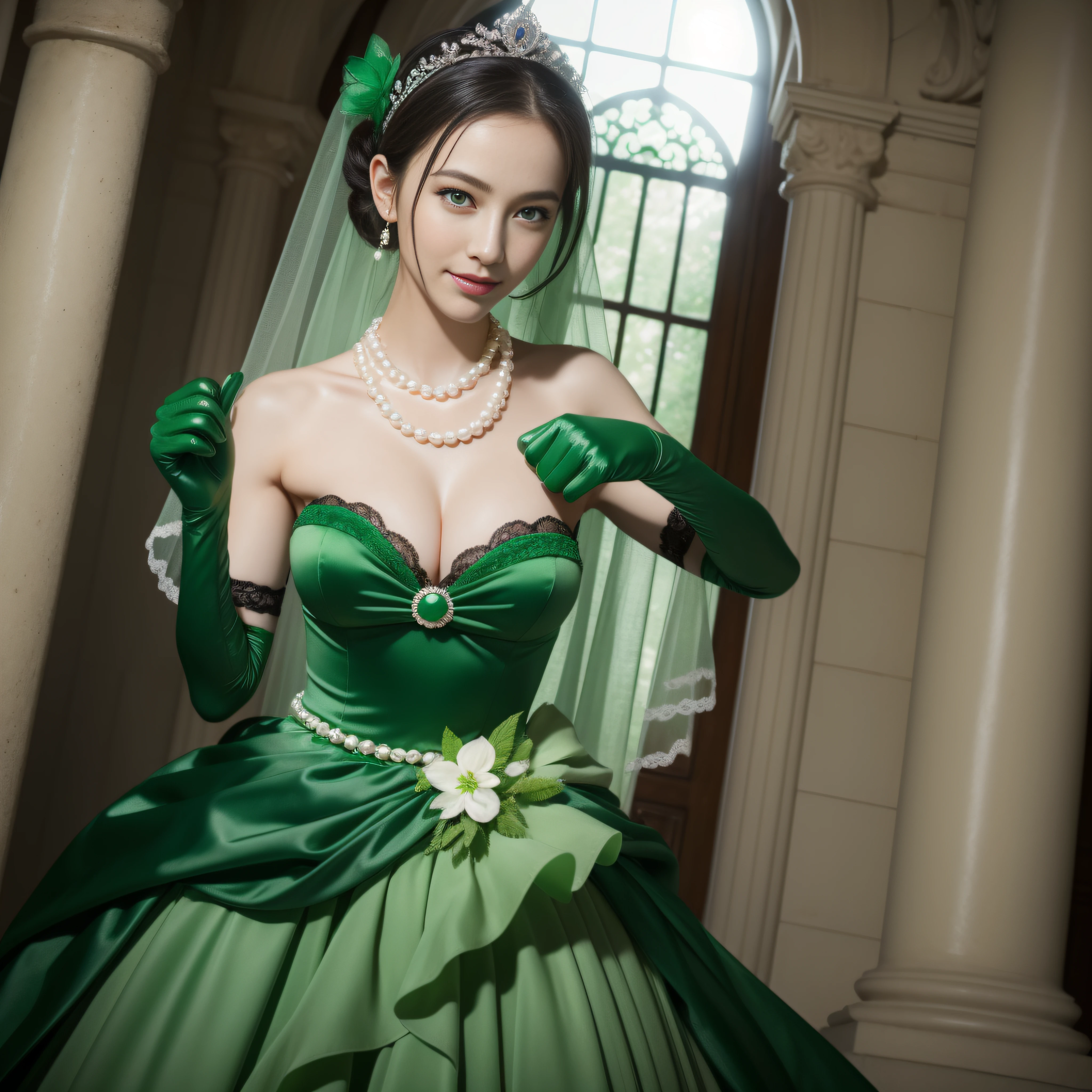 Green Dress Flower Cleanser,Sense of atmosphere, best qualtiy,tmasterpiece,1girll,30-years old,Green dress,Daytime Church,full body Esbian, Green gloves,With short black hair,big breasts beautiful,looking at viewert,ssmile,Green Bridal Veil,Green Long Grove,Satin green long gloves, lipsticks, Pearl Necklace、Green gloves,emerald tiara, Looking at the camera, A Japanese Lady, Green eyes, Look forward
