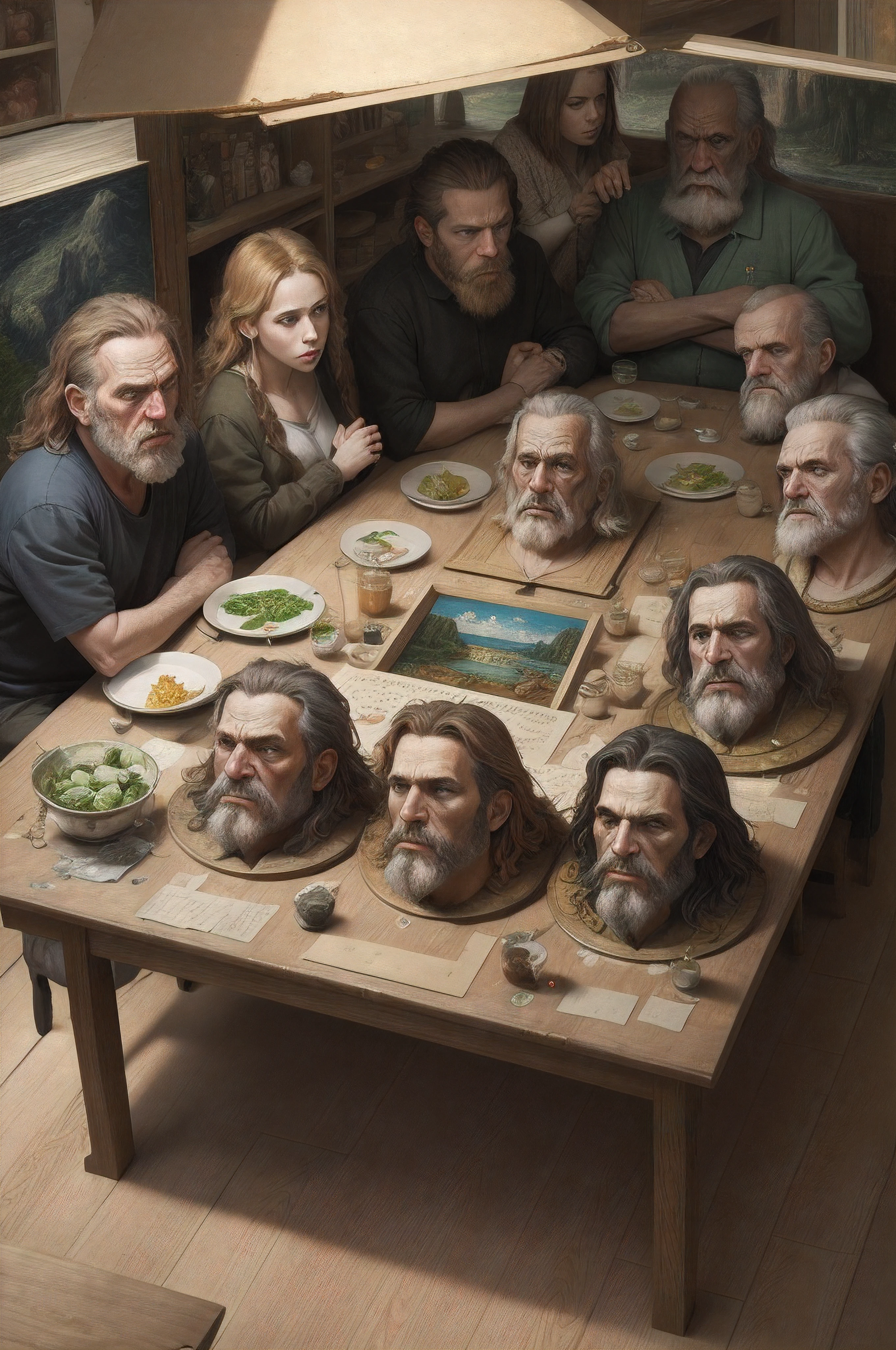 hyper real painting of last supper with Bukowski in the middles and 12 apostles are Van Gogh
