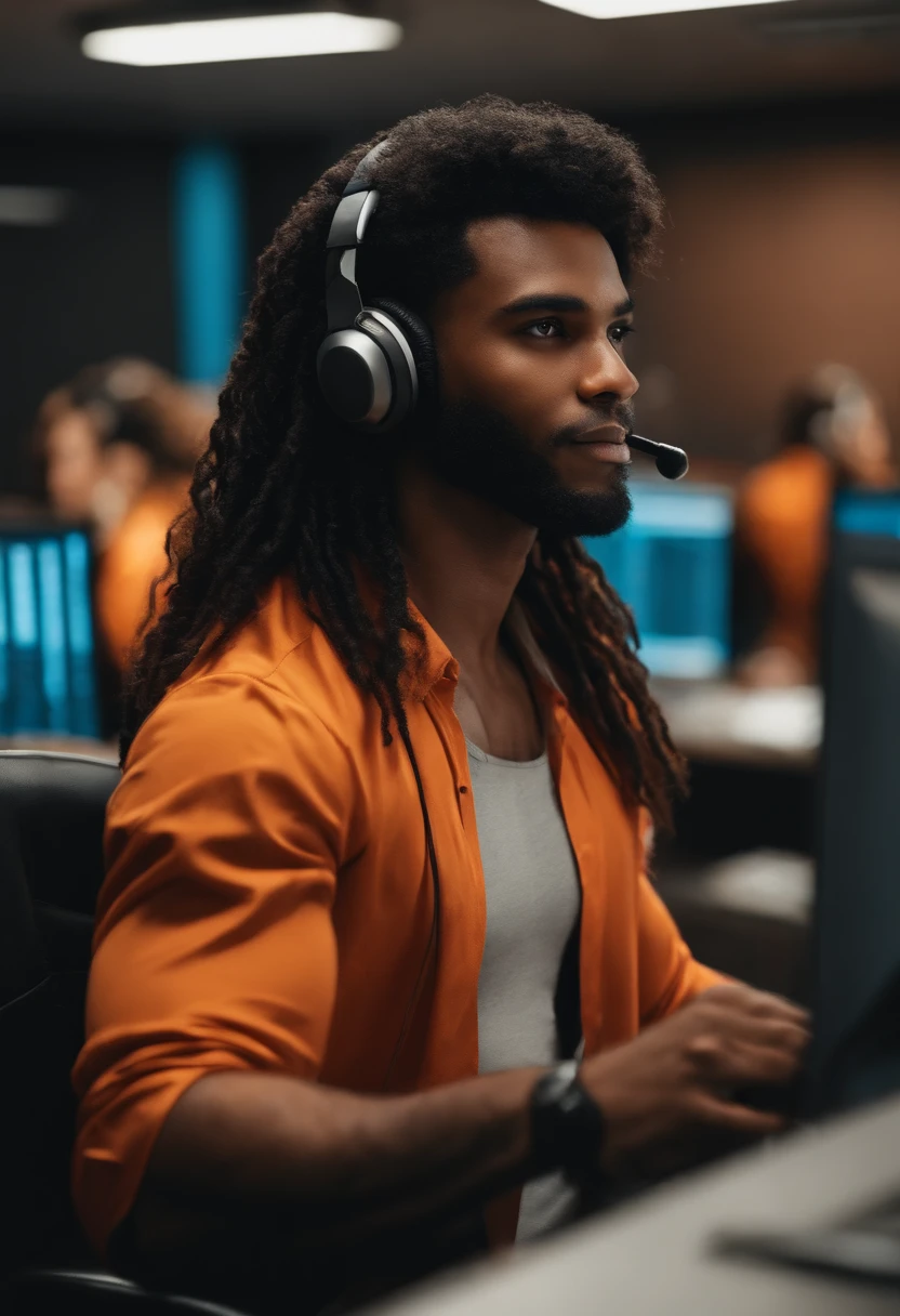 Um jovem negro de cabelos cacheados no quarto trabalhando como operador de call center (Avatar)