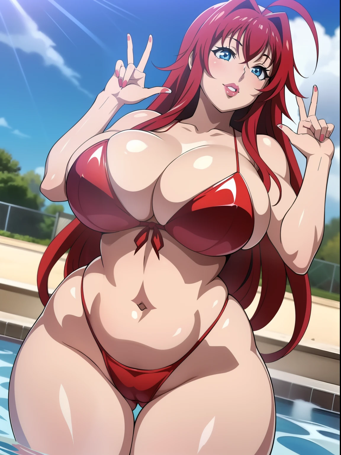 Highschool dxd, Rias Gremory, 1girl, (((bimbo))), blue eyes, puffy lips, painted lips, thick lips, wide hips, thick thighs, big breast, huge ass, revealing cleavage, erotic, smile face, bubble butt, camel toe, hitomi Tanaka breasts, , huge breasts, bikini, in the pool , posing, hand signs,